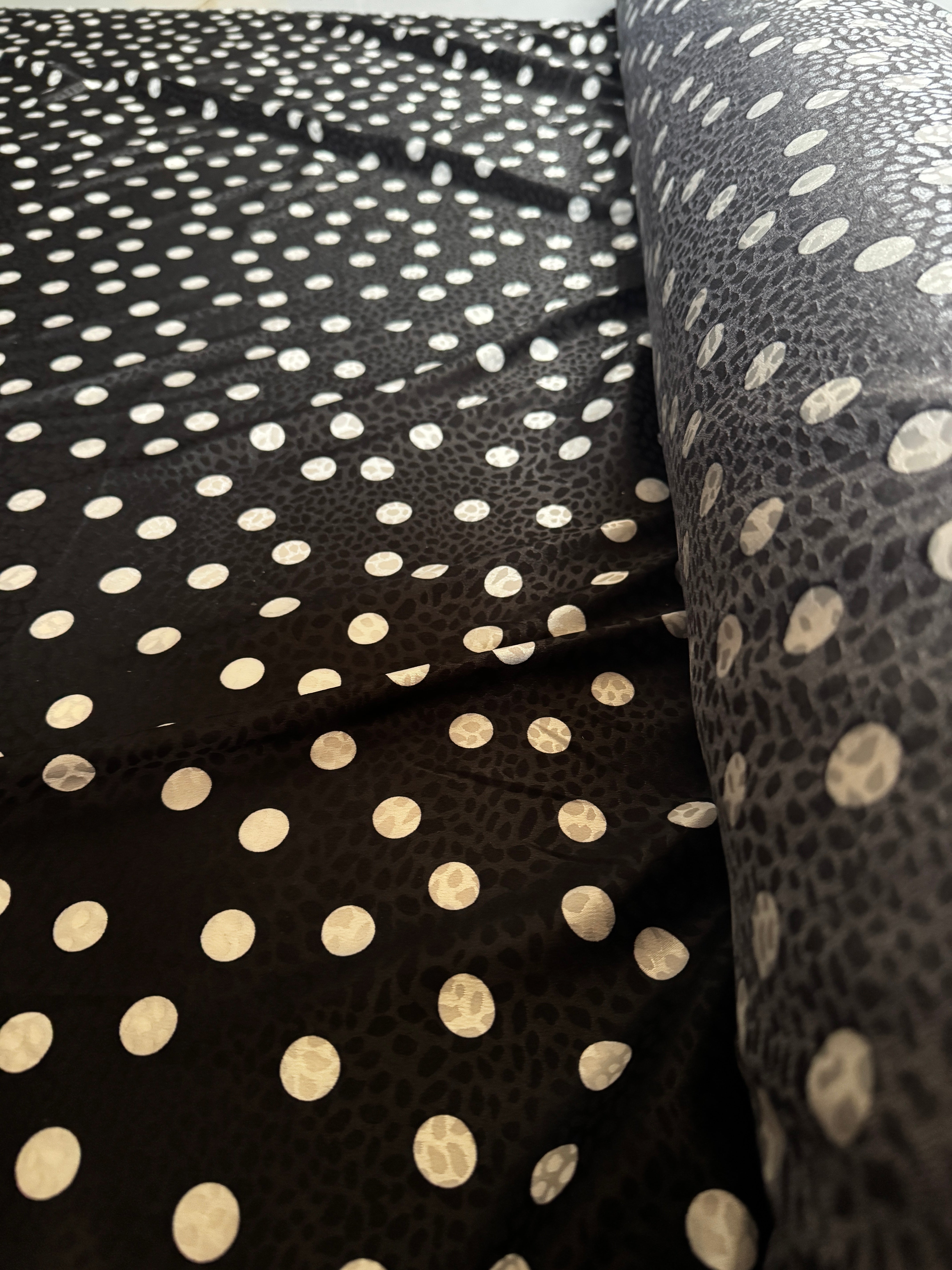 Black & White Polka Dot Embossed Satin Fabric – Luxury Animal Texture Print, 152cm Wide Non-Stretch Dress Fabric
