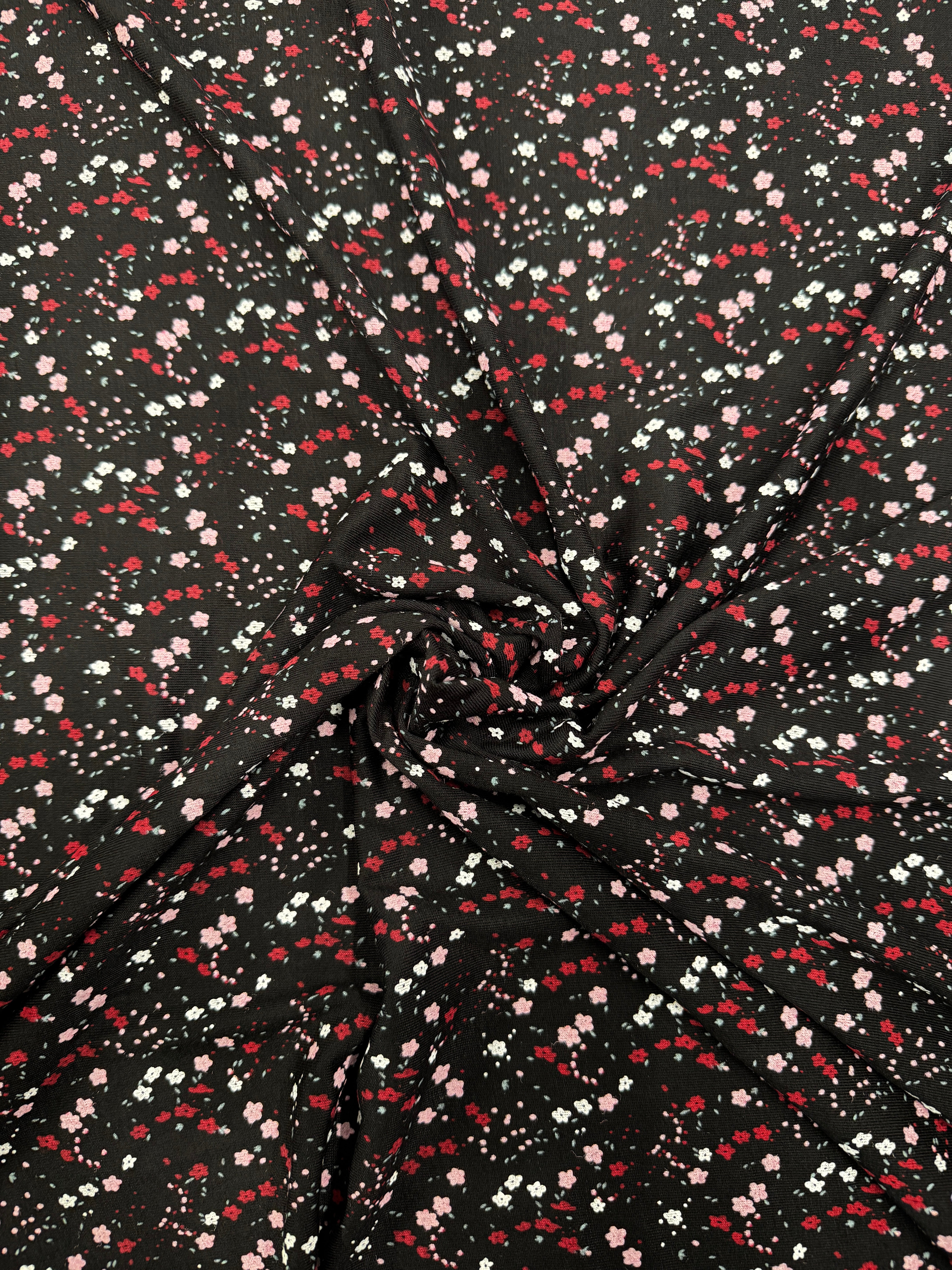 Black Ditsy Floral Viscose Elastane Fabric – Soft Stretch Jersey, 148cm Wide Lightweight Dress Fabric