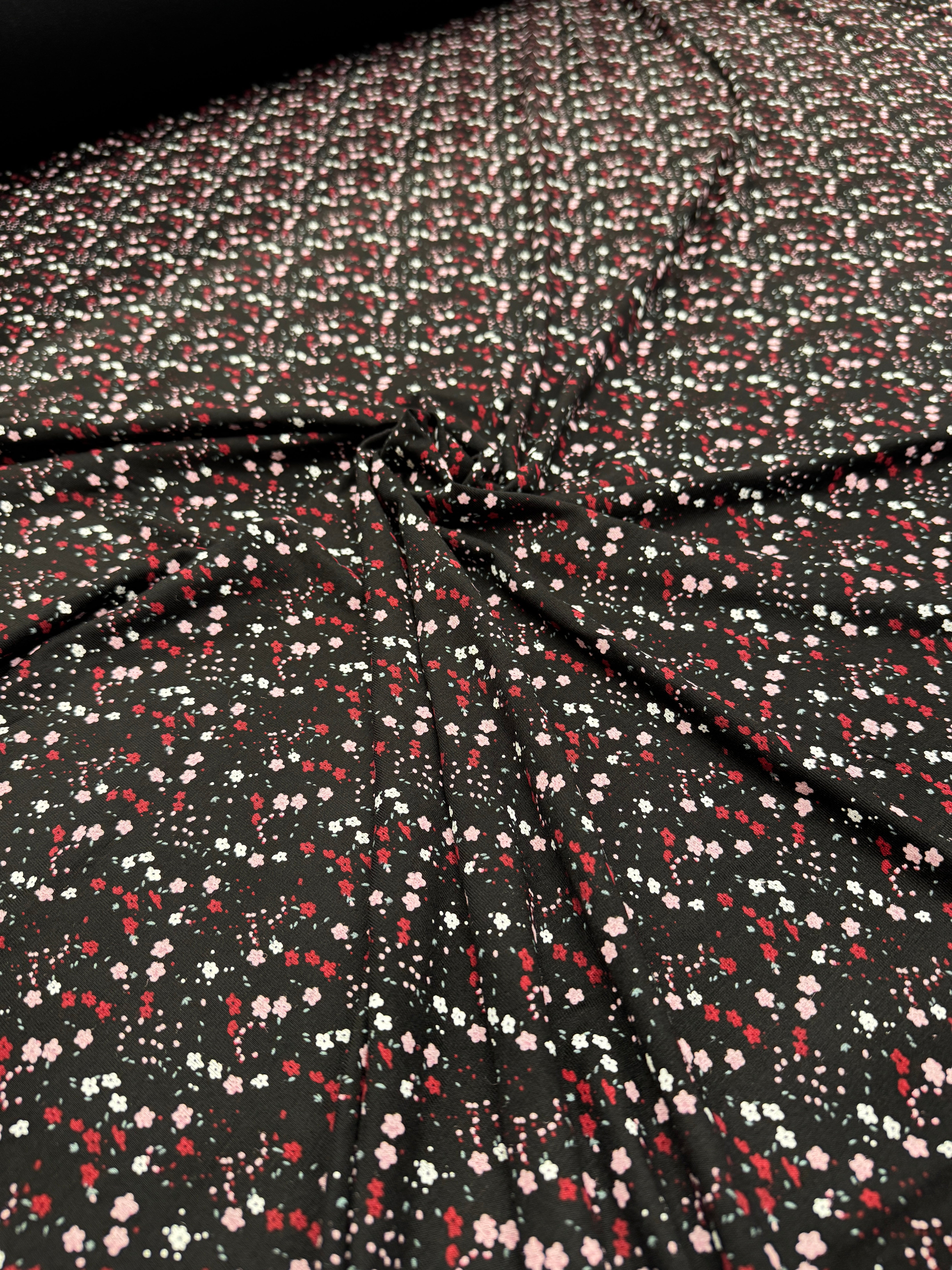 Black Ditsy Floral Viscose Elastane Fabric – Soft Stretch Jersey, 148cm Wide Lightweight Dress Fabric