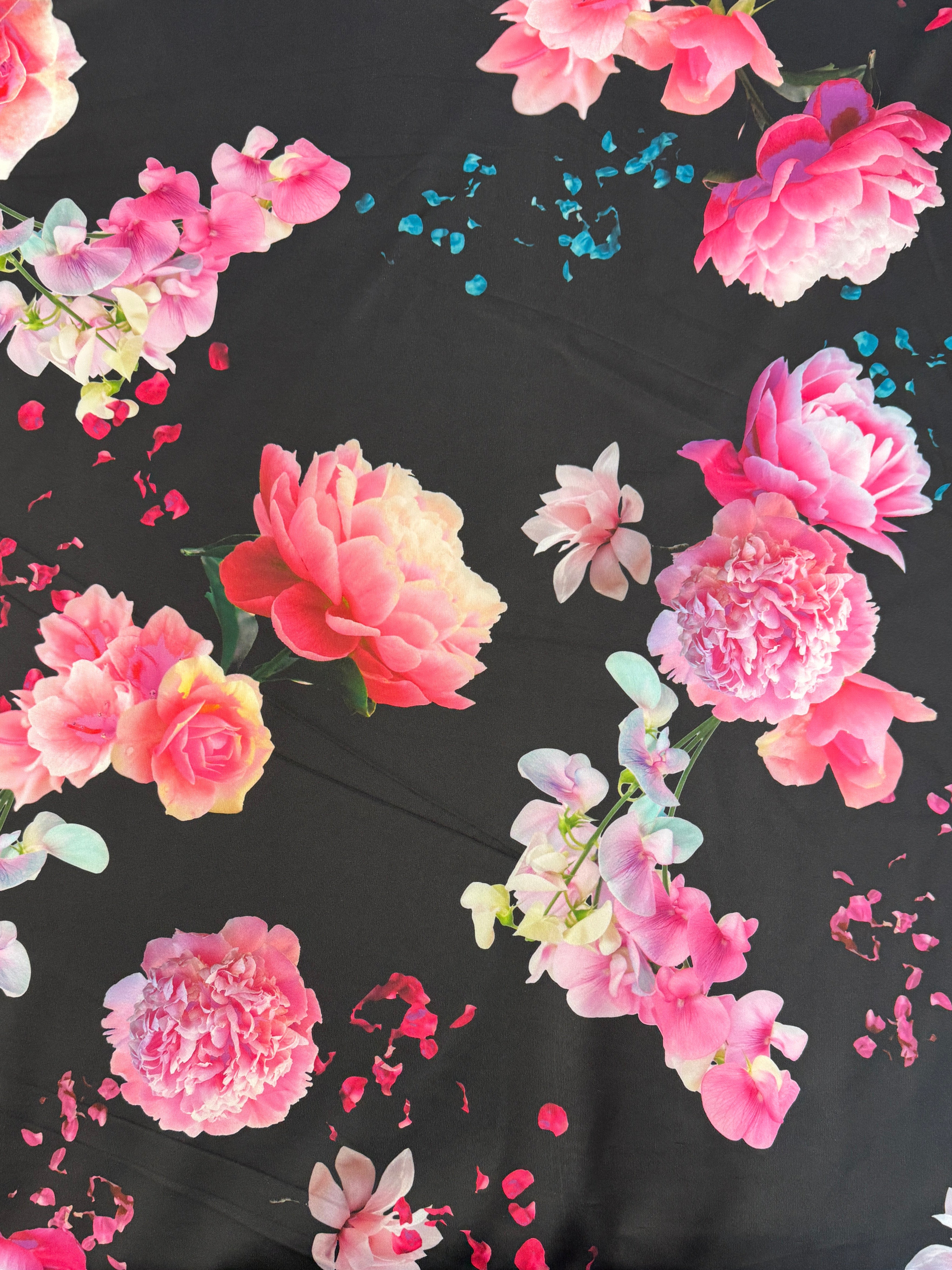 Black Floral Scuba Fabric – Large Pink Flower Print Stretch Scuba, 148cm Wide Dress Fabric