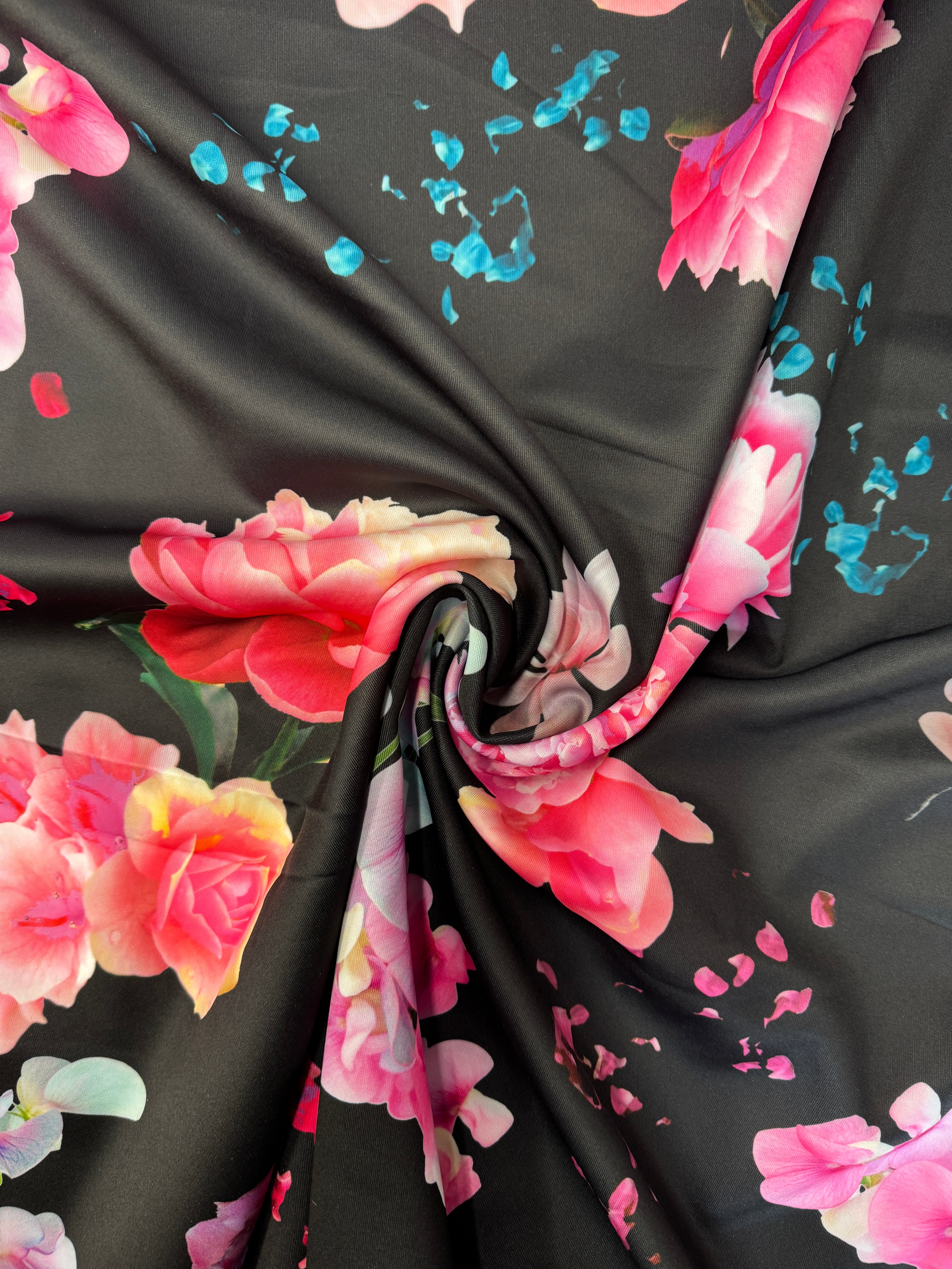 Black Floral Scuba Fabric – Large Pink Flower Print Stretch Scuba, 148cm Wide Dress Fabric