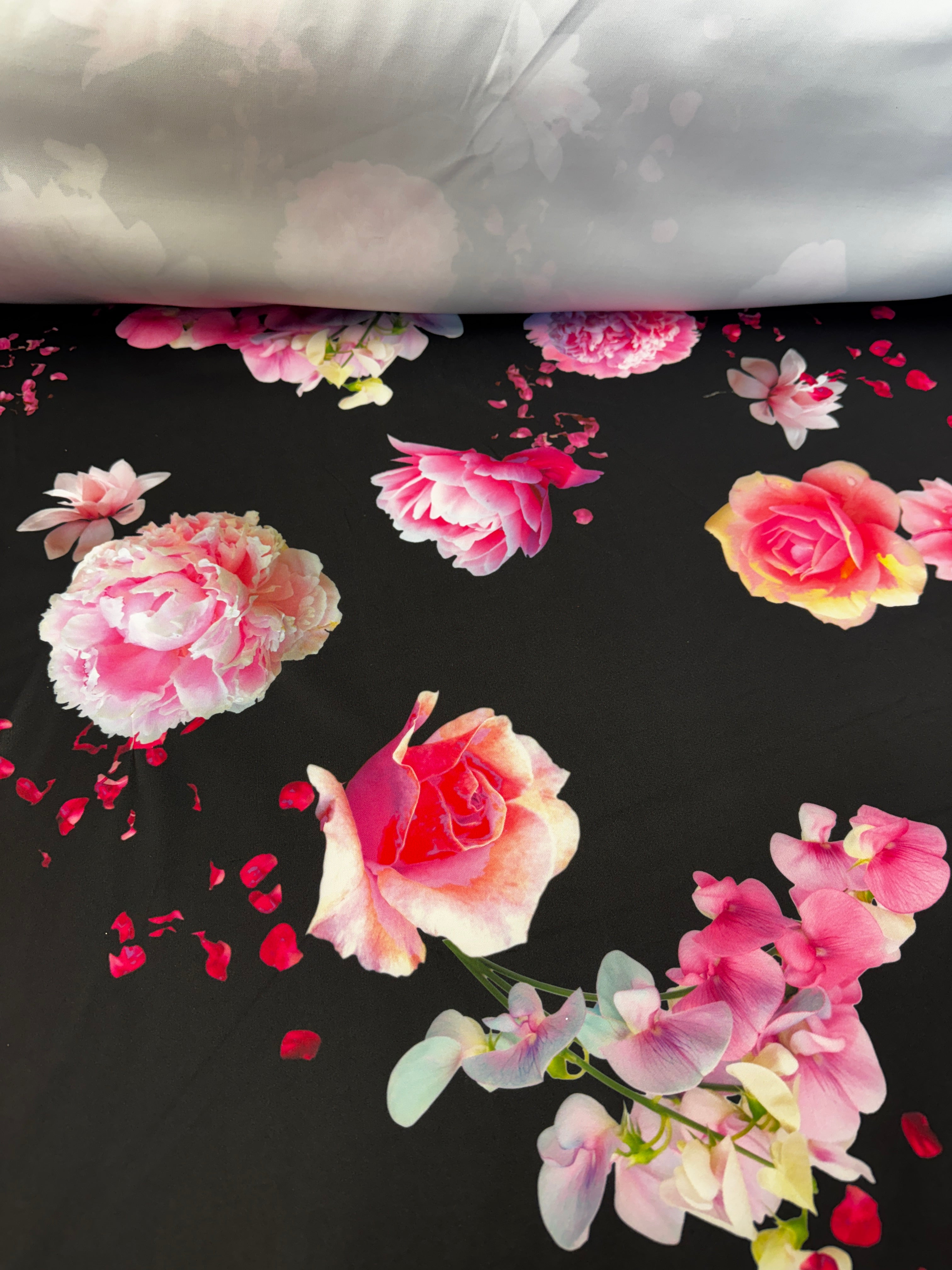 Black Floral Scuba Fabric – Large Pink Flower Print Stretch Scuba, 148cm Wide Dress Fabric