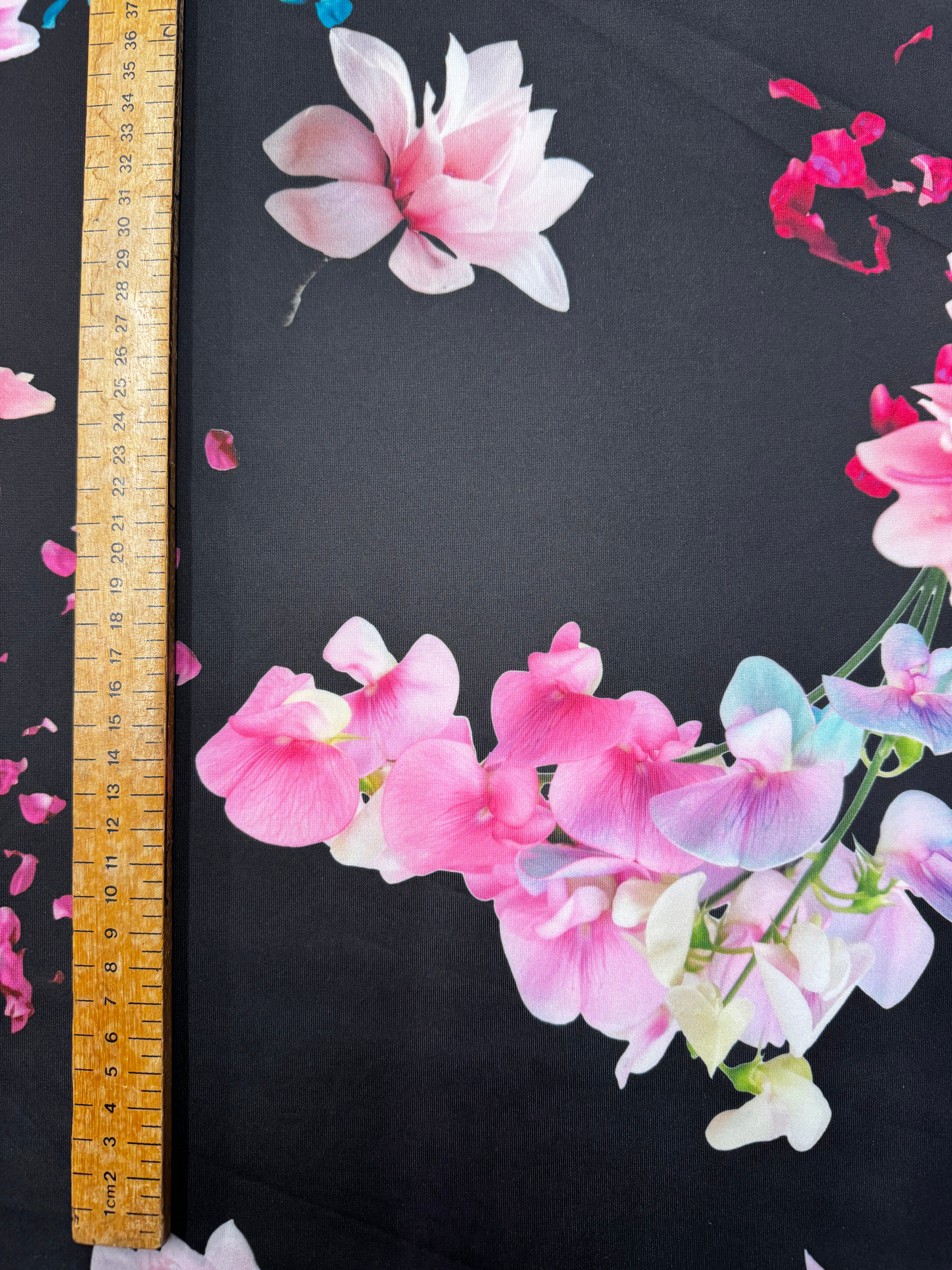 Black Floral Scuba Fabric – Large Pink Flower Print Stretch Scuba, 148cm Wide Dress Fabric