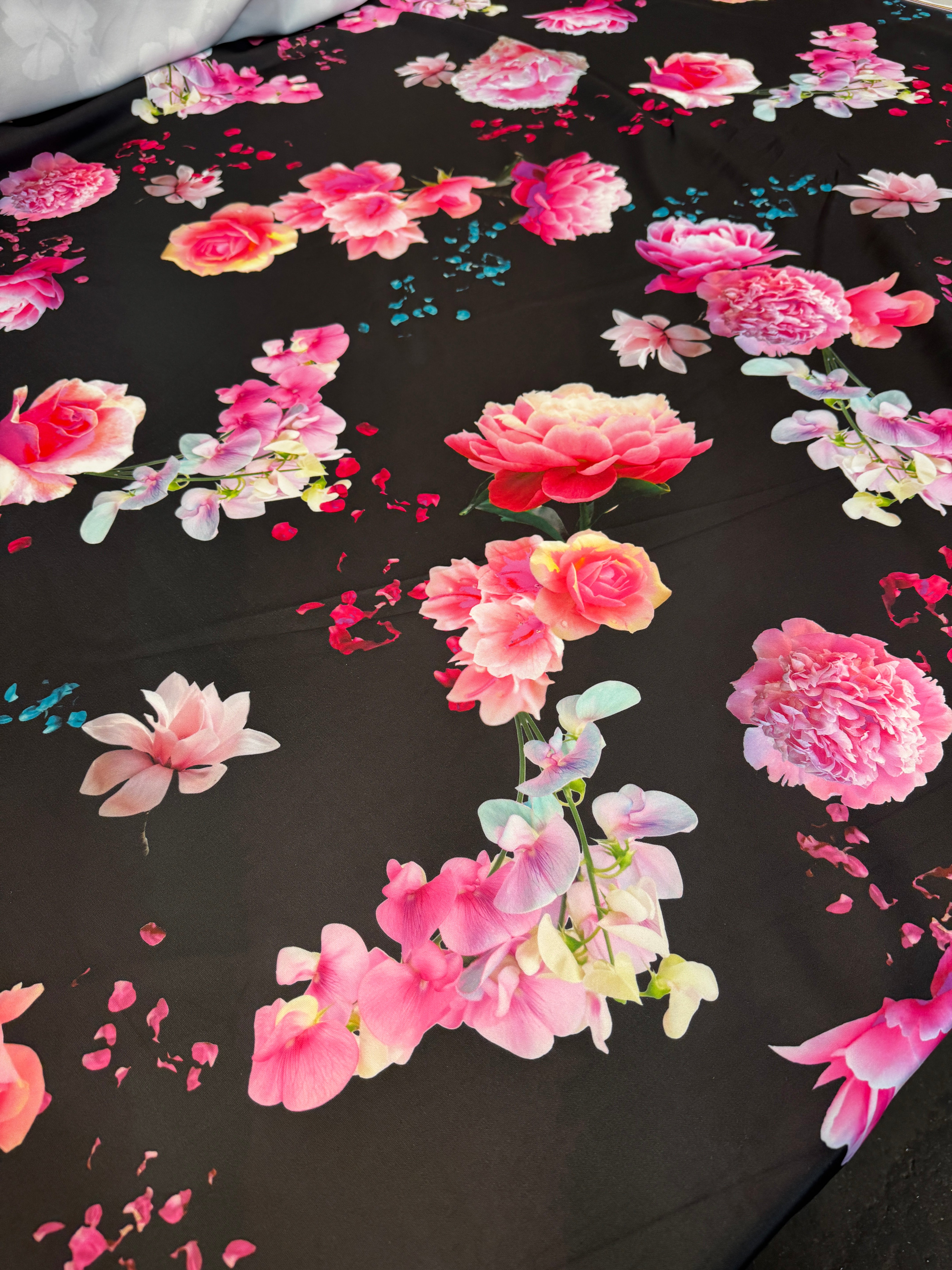 Black Floral Scuba Fabric – Large Pink Flower Print Stretch Scuba, 148cm Wide Dress Fabric