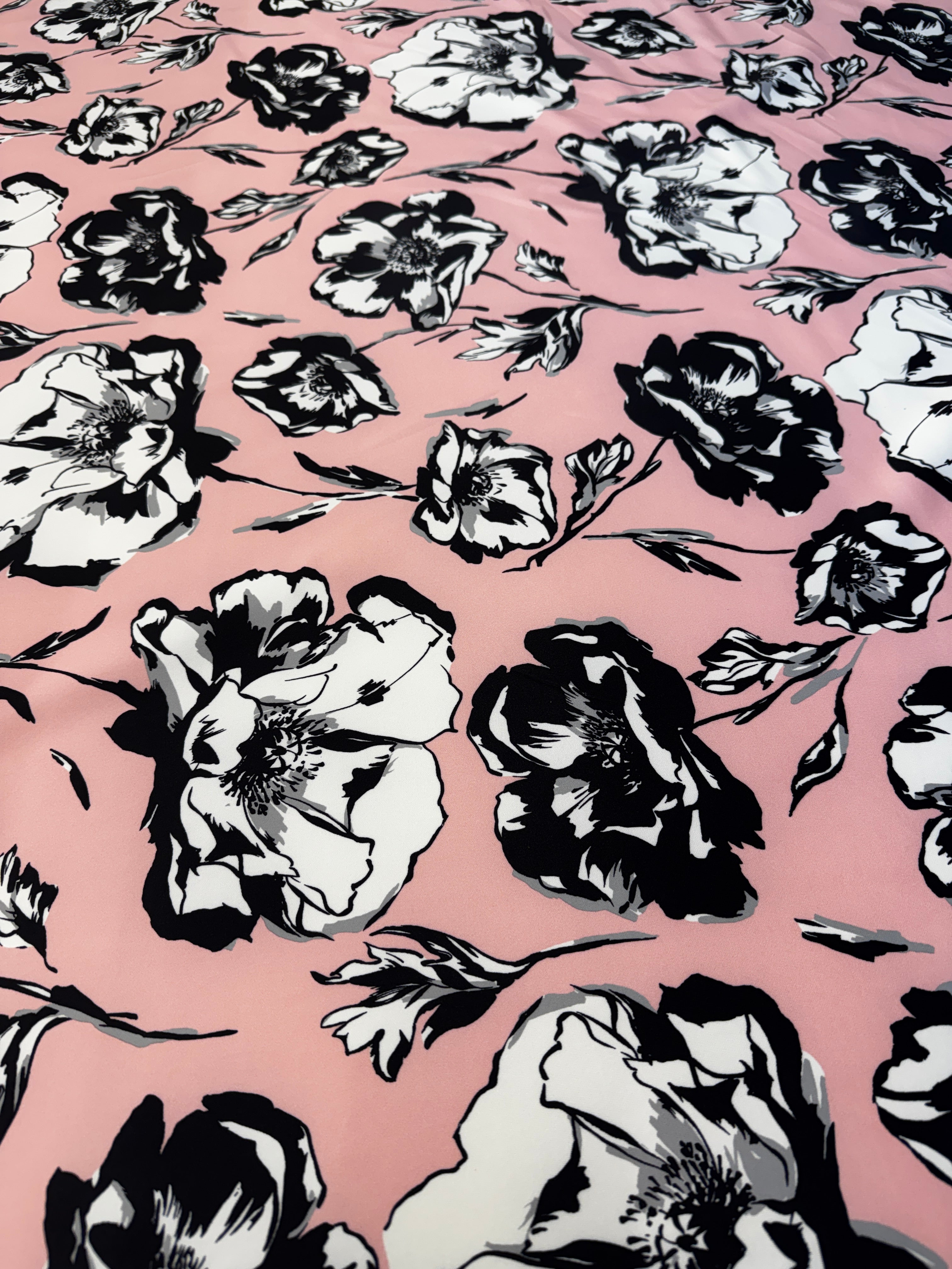 Pink & Black Floral Scuba Fabric – Monochrome Flower Print Stretch Scuba, 152cm Wide Dress Fabric