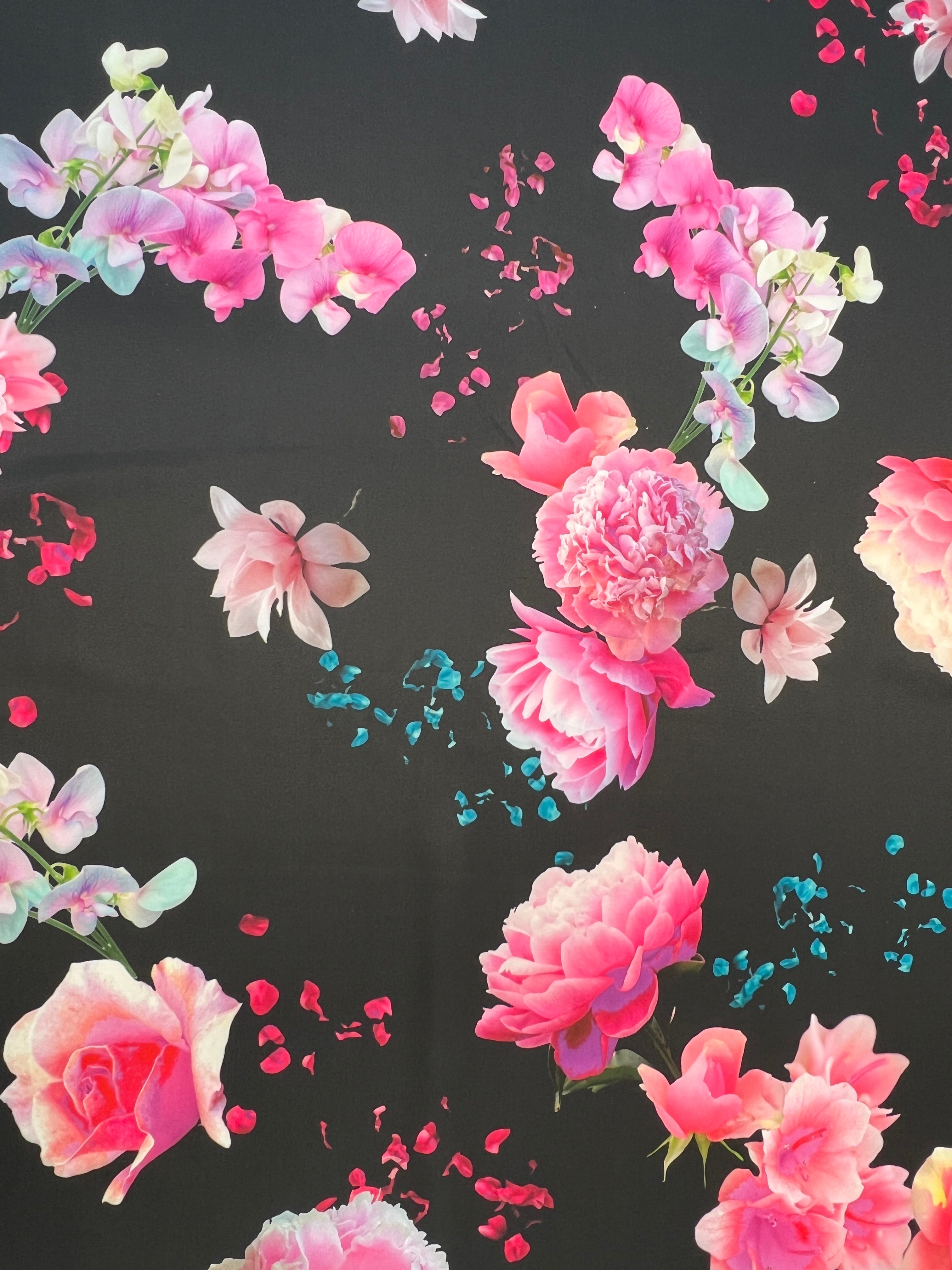 Black Floral Scuba Fabric Large Pink Rose Print