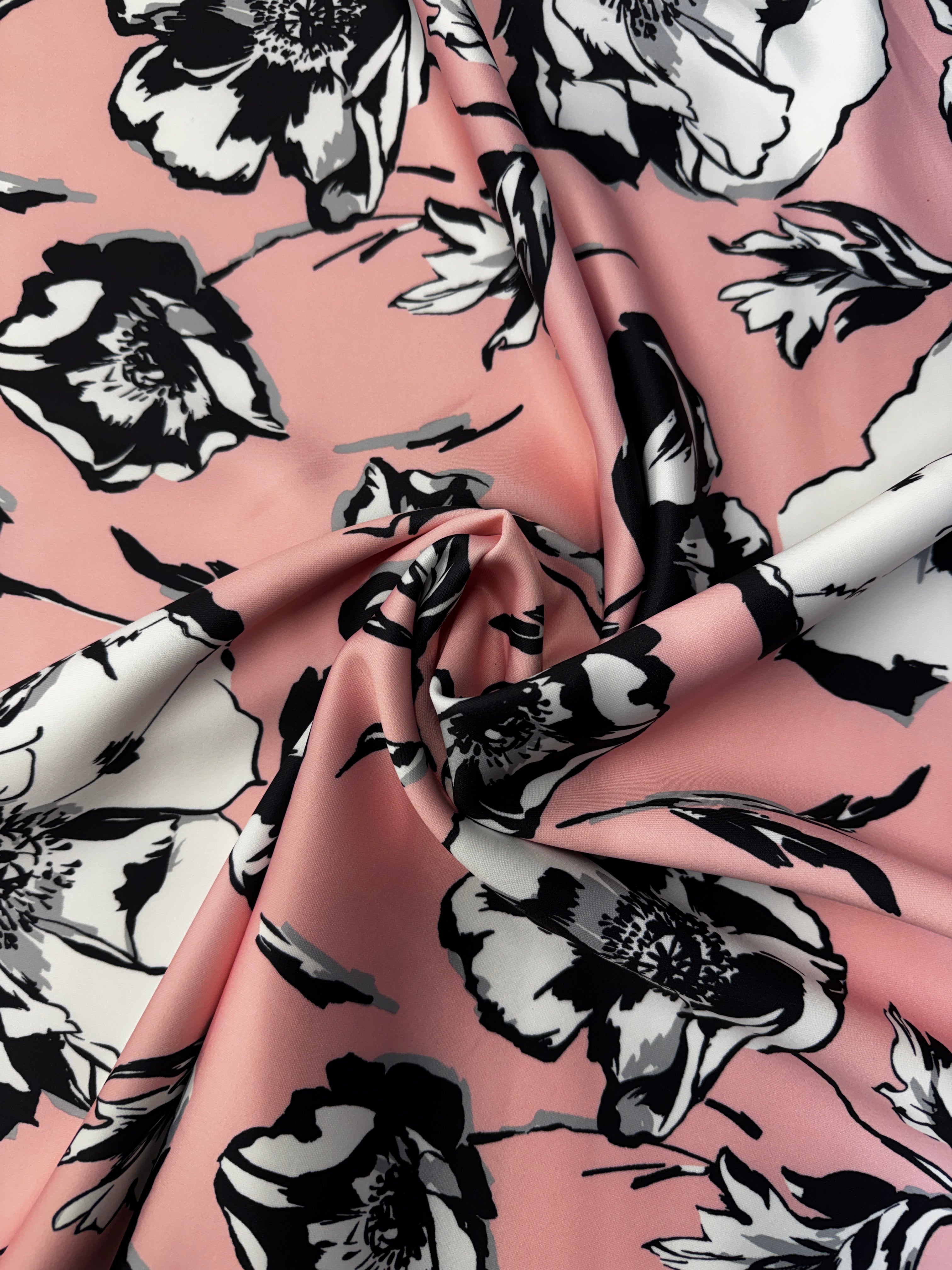 Pink & Black Floral Scuba Fabric – Monochrome Flower Print Stretch Scuba, 152cm Wide Dress Fabric