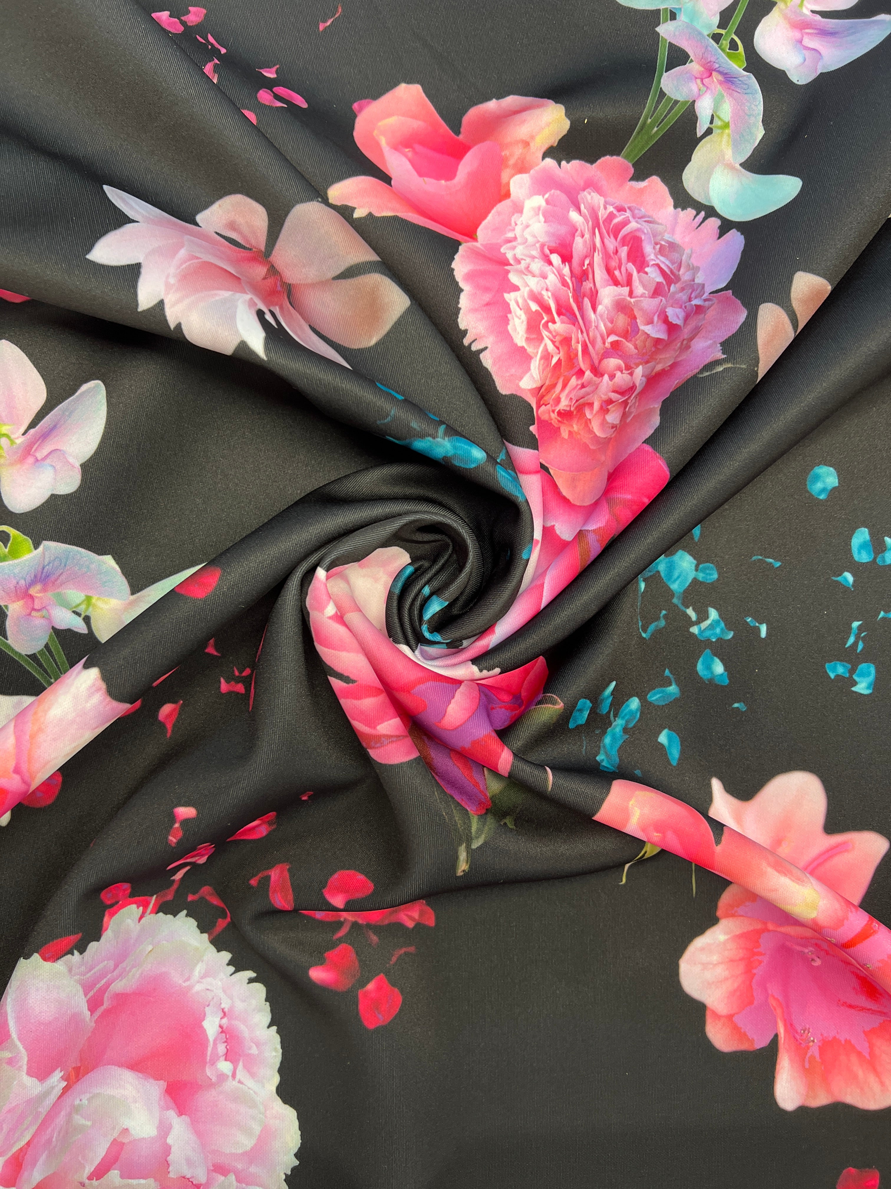 Black Floral Scuba Fabric Large Pink Rose Print