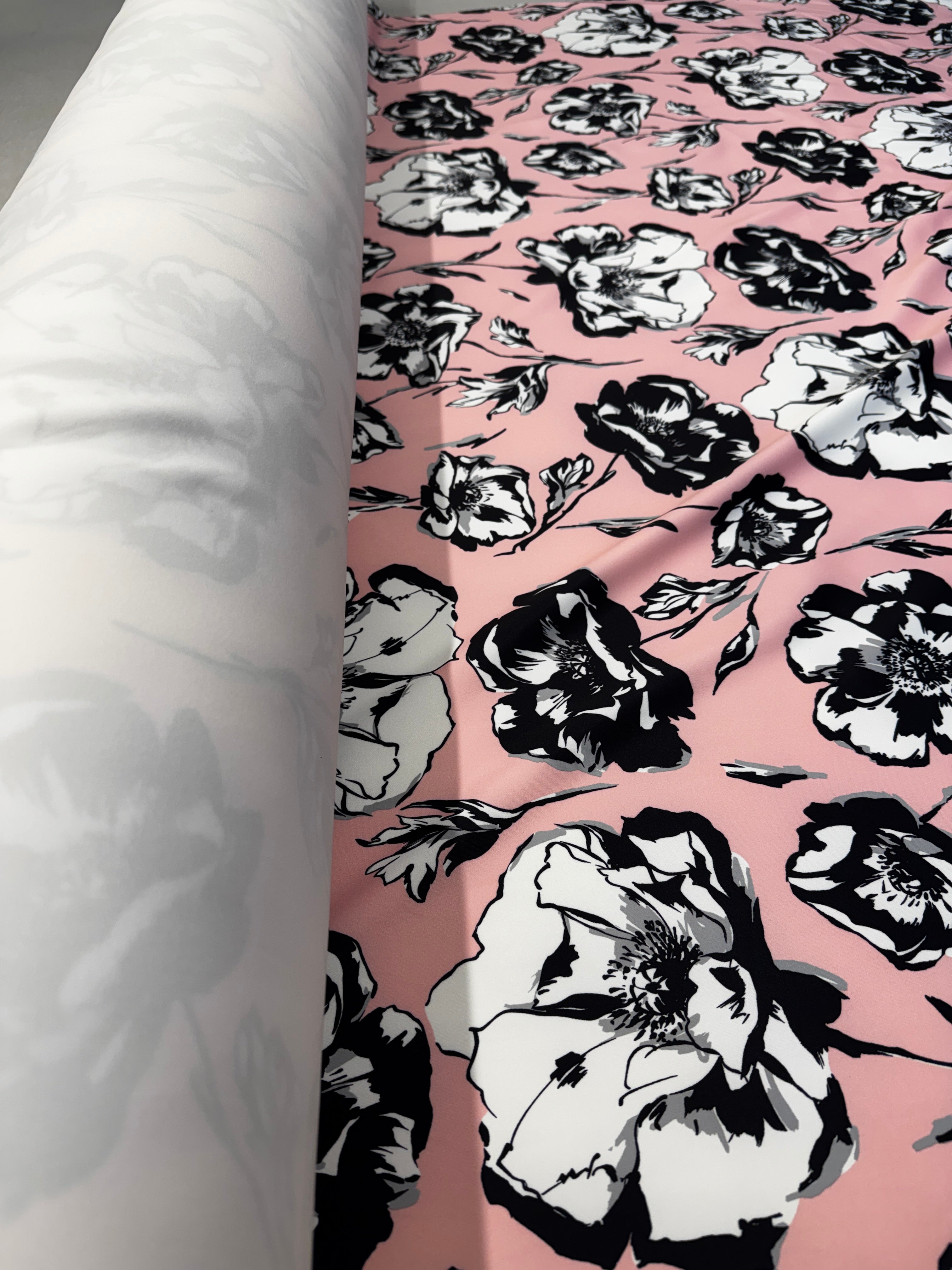 Pink & Black Floral Scuba Fabric – Monochrome Flower Print Stretch Scuba, 152cm Wide Dress Fabric