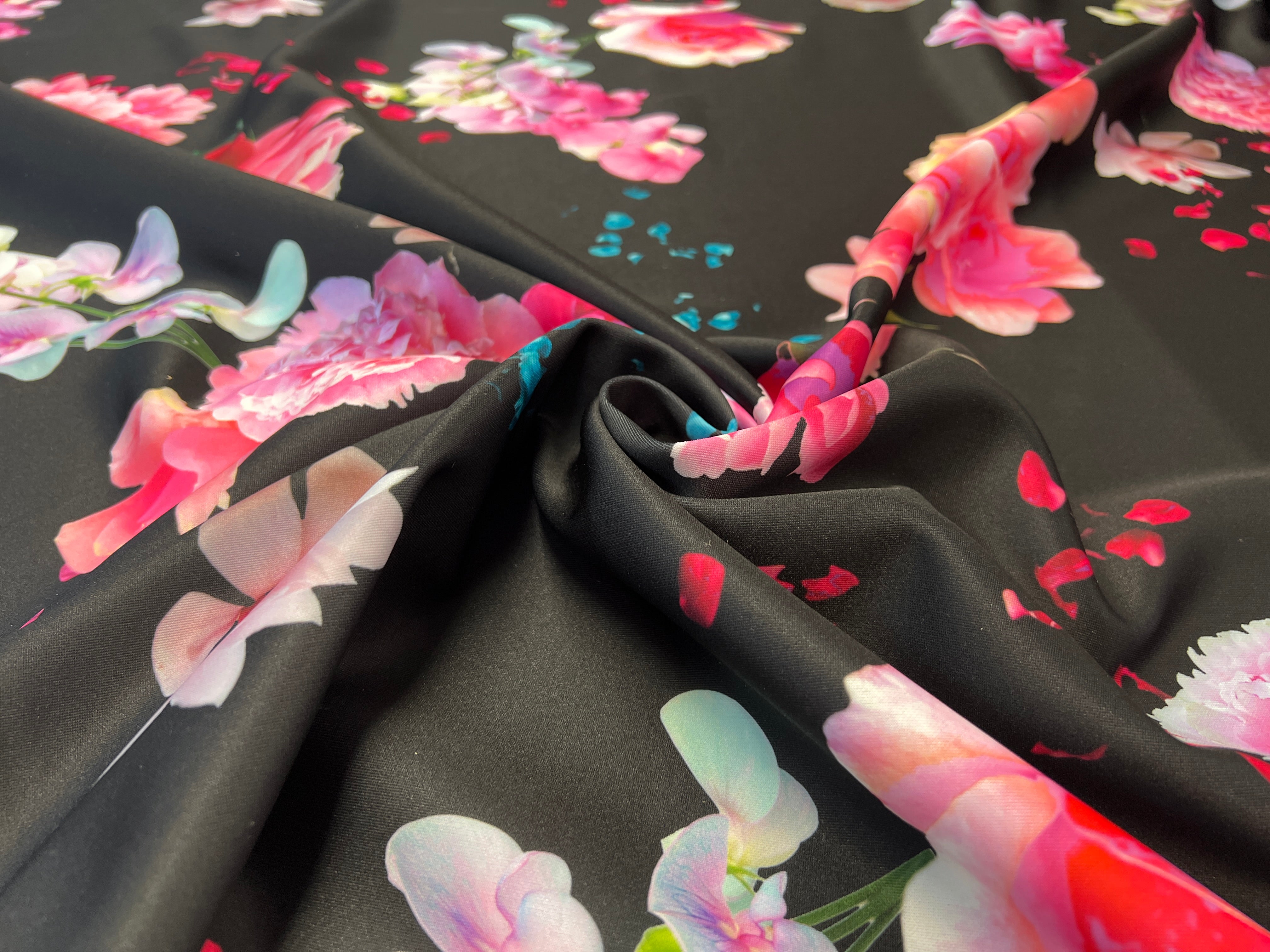 Black Floral Scuba Fabric Large Pink Rose Print