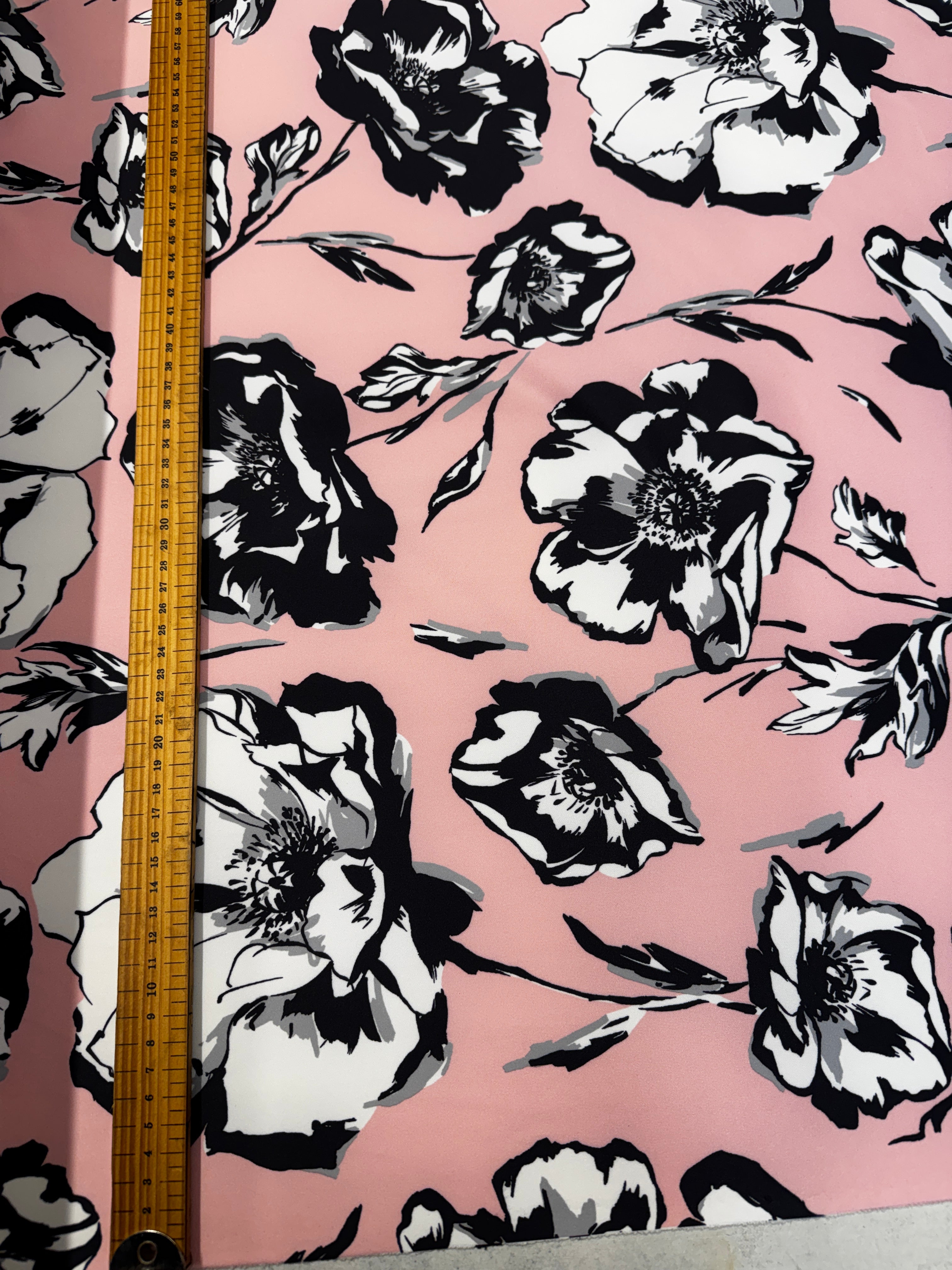 Pink & Black Floral Scuba Fabric – Monochrome Flower Print Stretch Scuba, 152cm Wide Dress Fabric