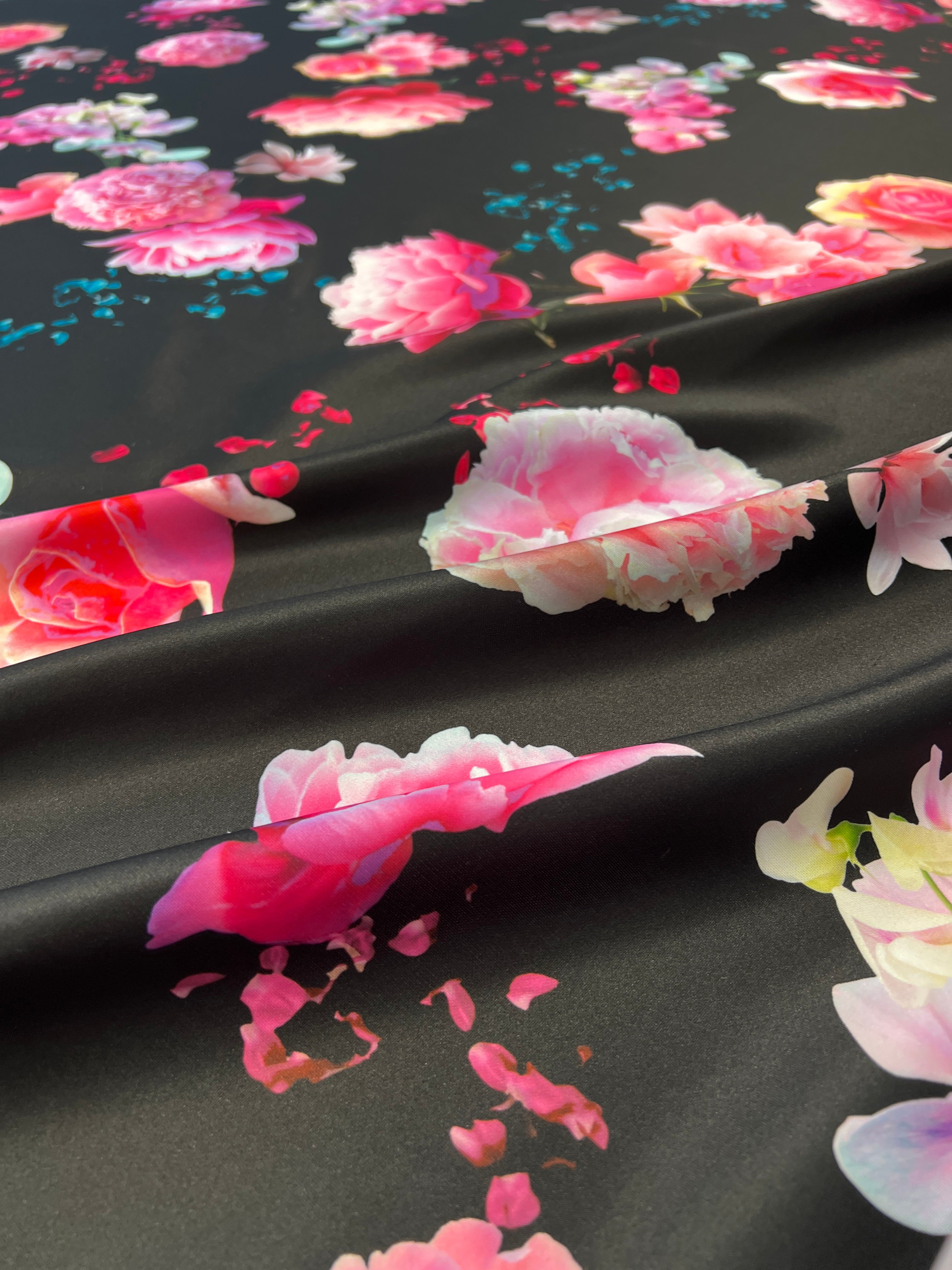 Black Floral Scuba Fabric Large Pink Rose Print