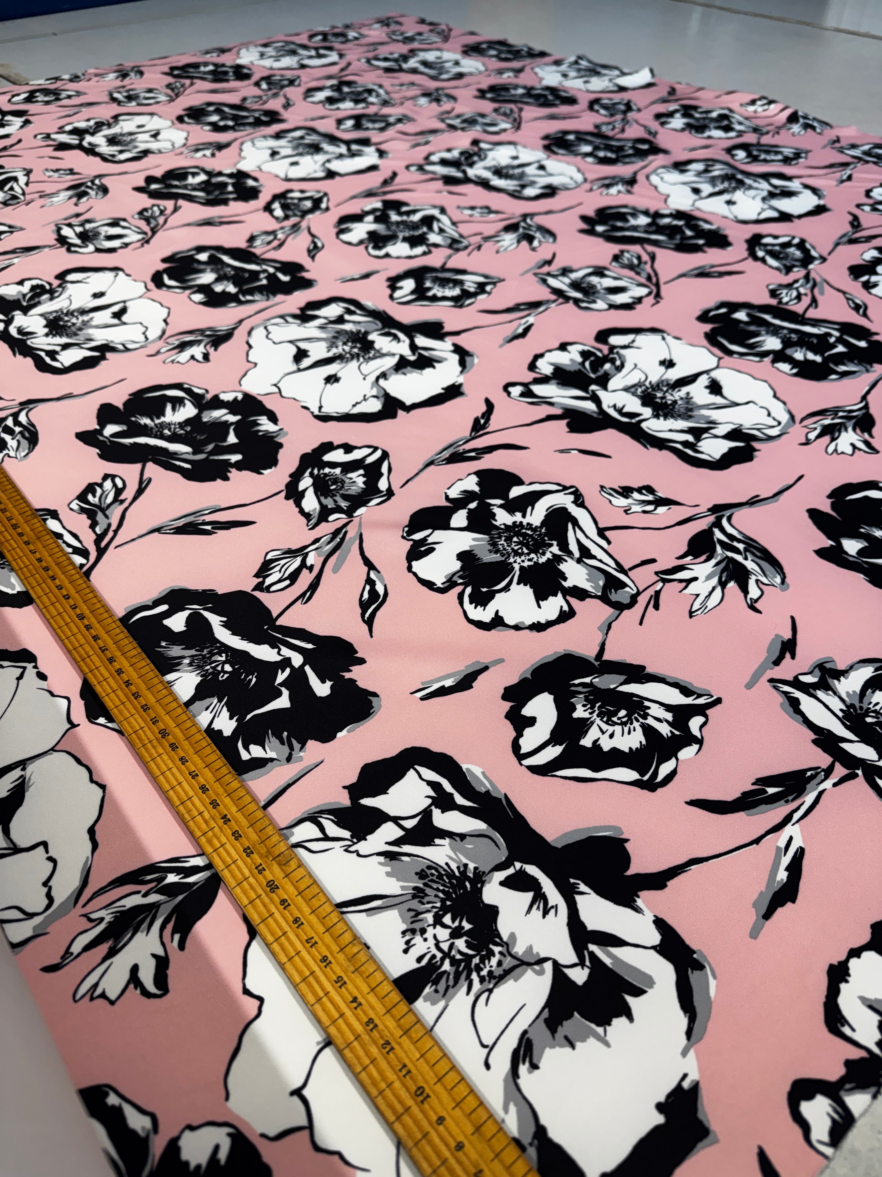 Pink & Black Floral Scuba Fabric – Monochrome Flower Print Stretch Scuba, 152cm Wide Dress Fabric