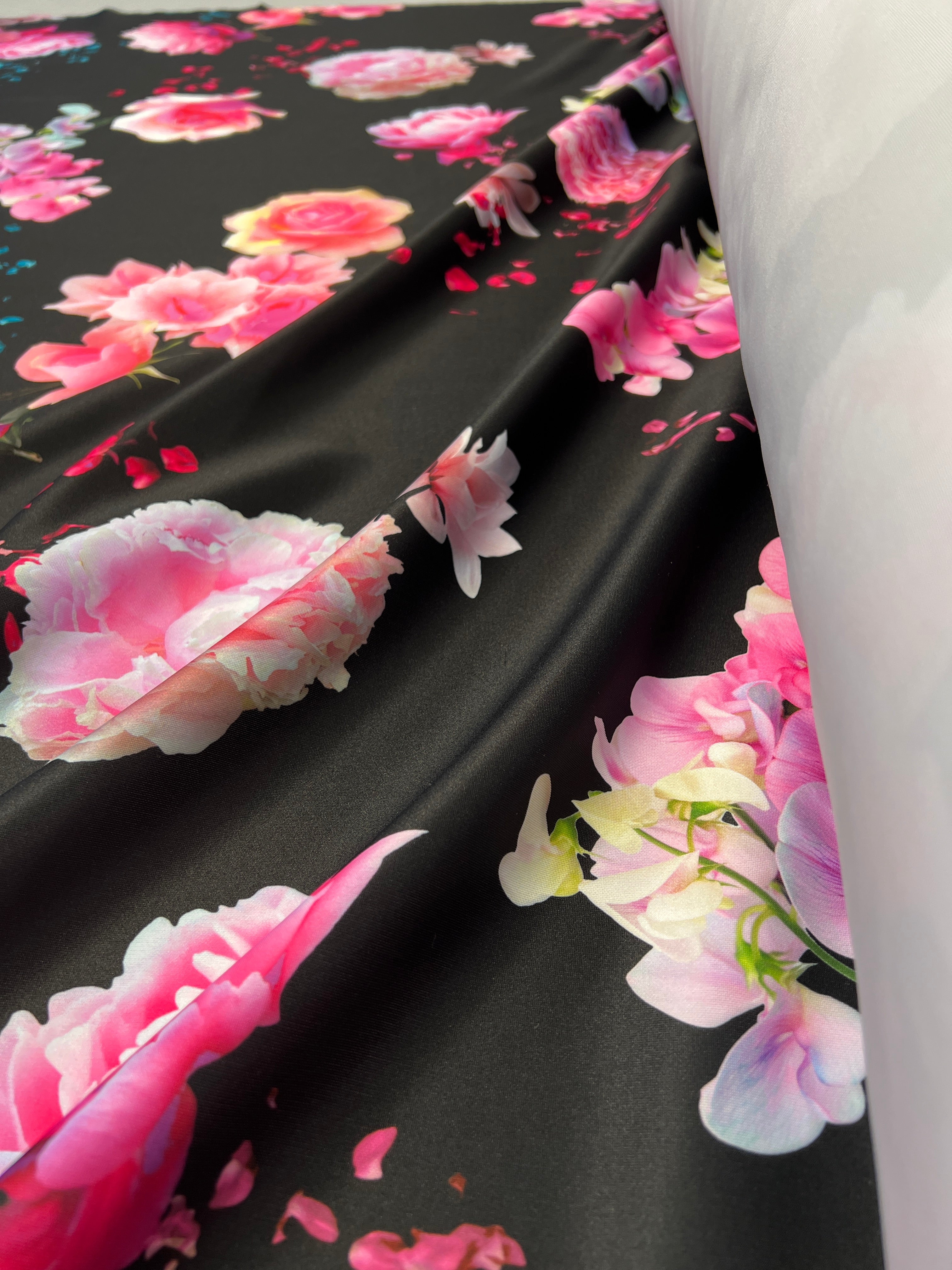Black Floral Scuba Fabric Large Pink Rose Print