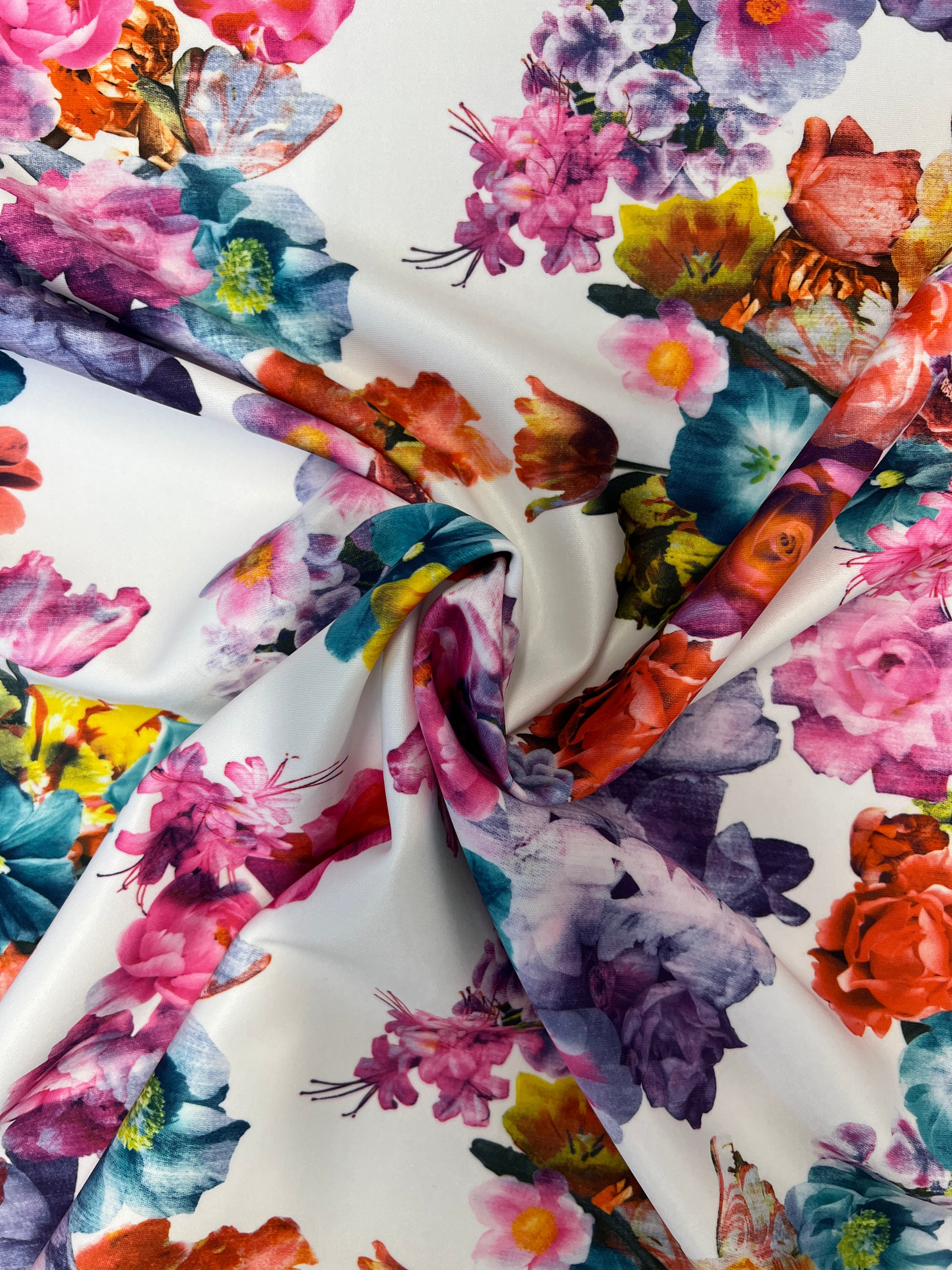 White base multi colour spring floral Scuba Fabric