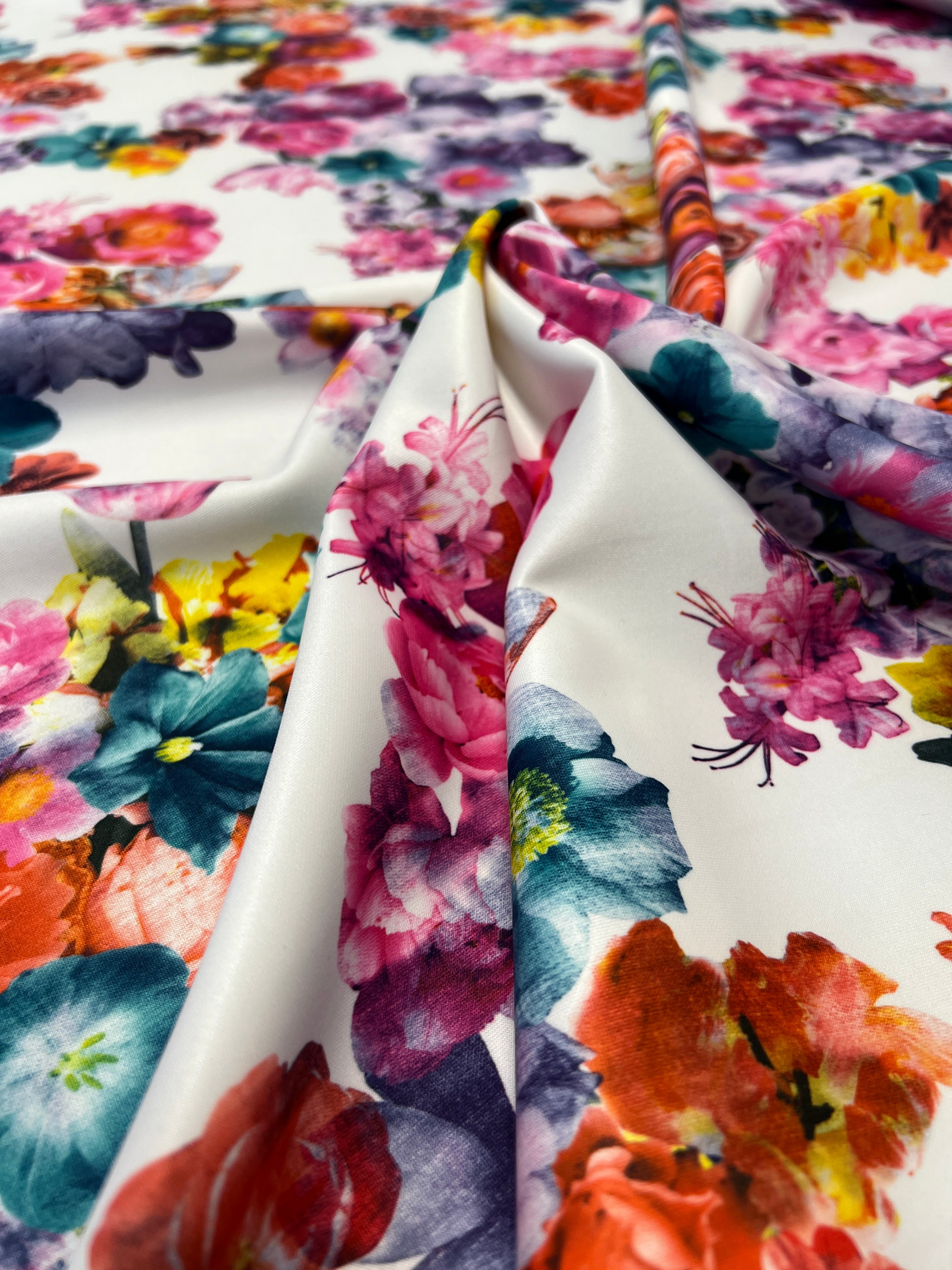 White base multi colour spring floral Scuba Fabric