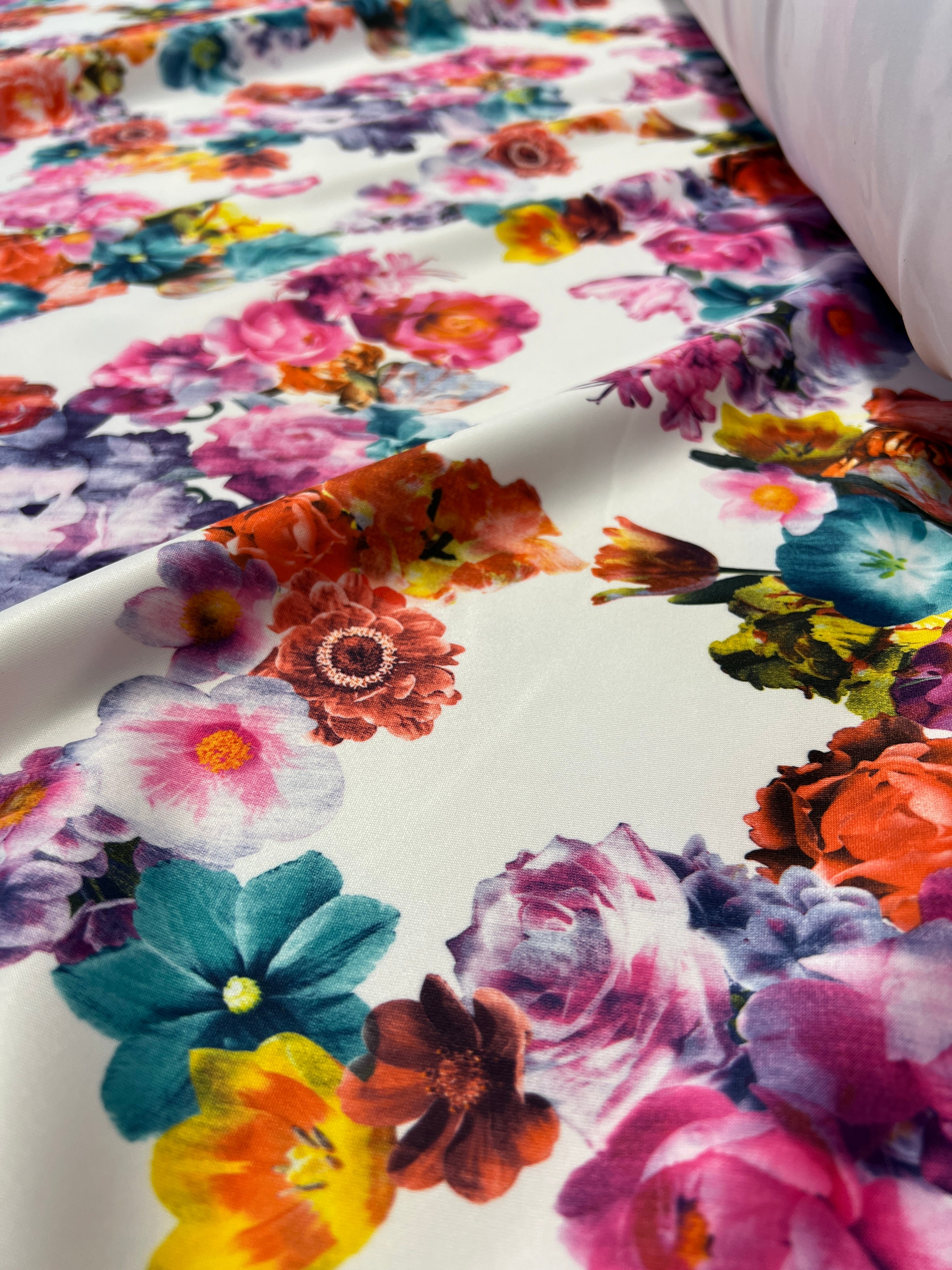 White base multi colour spring floral Scuba Fabric
