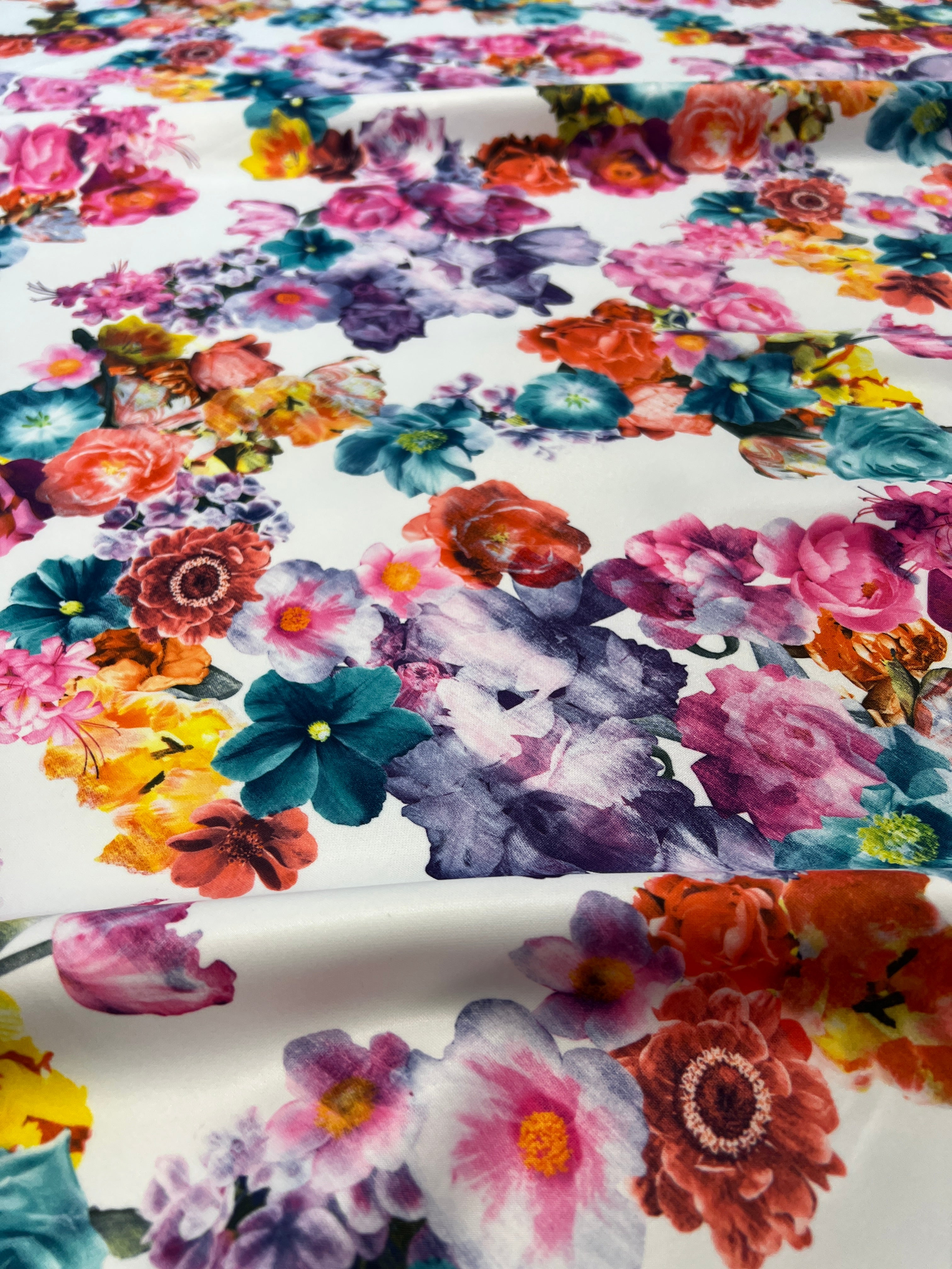 White base multi colour spring floral Scuba Fabric