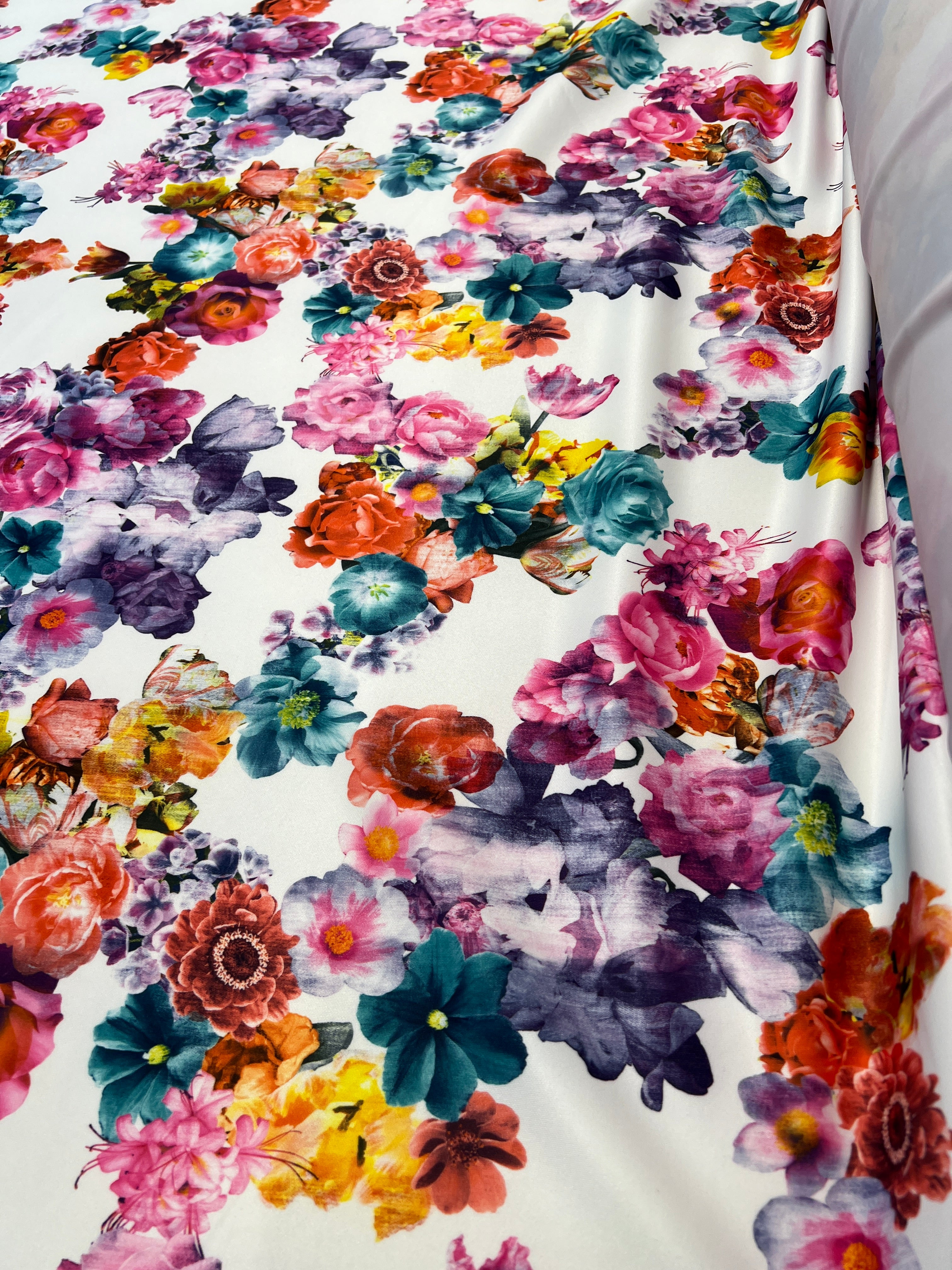 White base multi colour spring floral Scuba Fabric