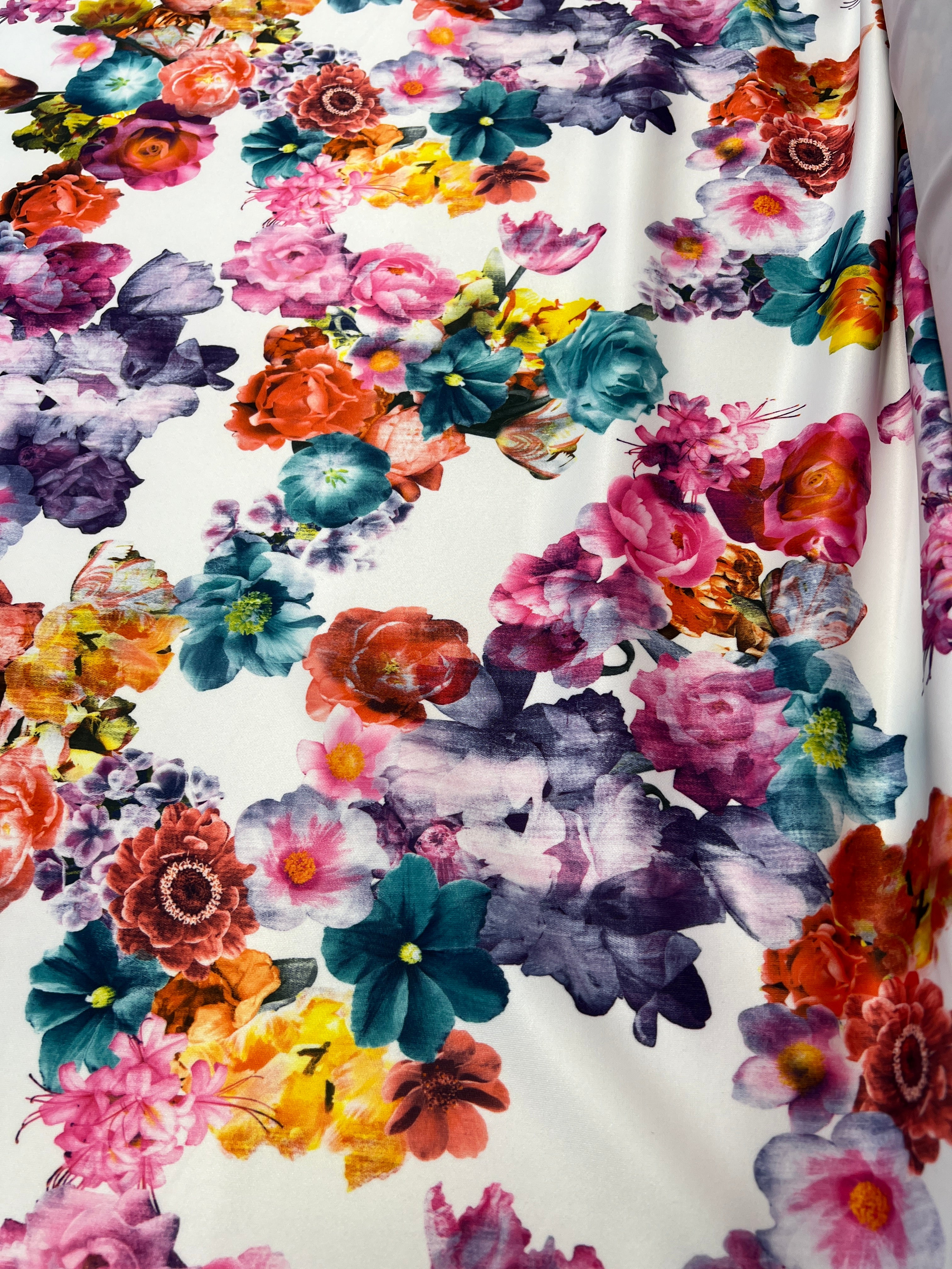 White base multi colour spring floral Scuba Fabric