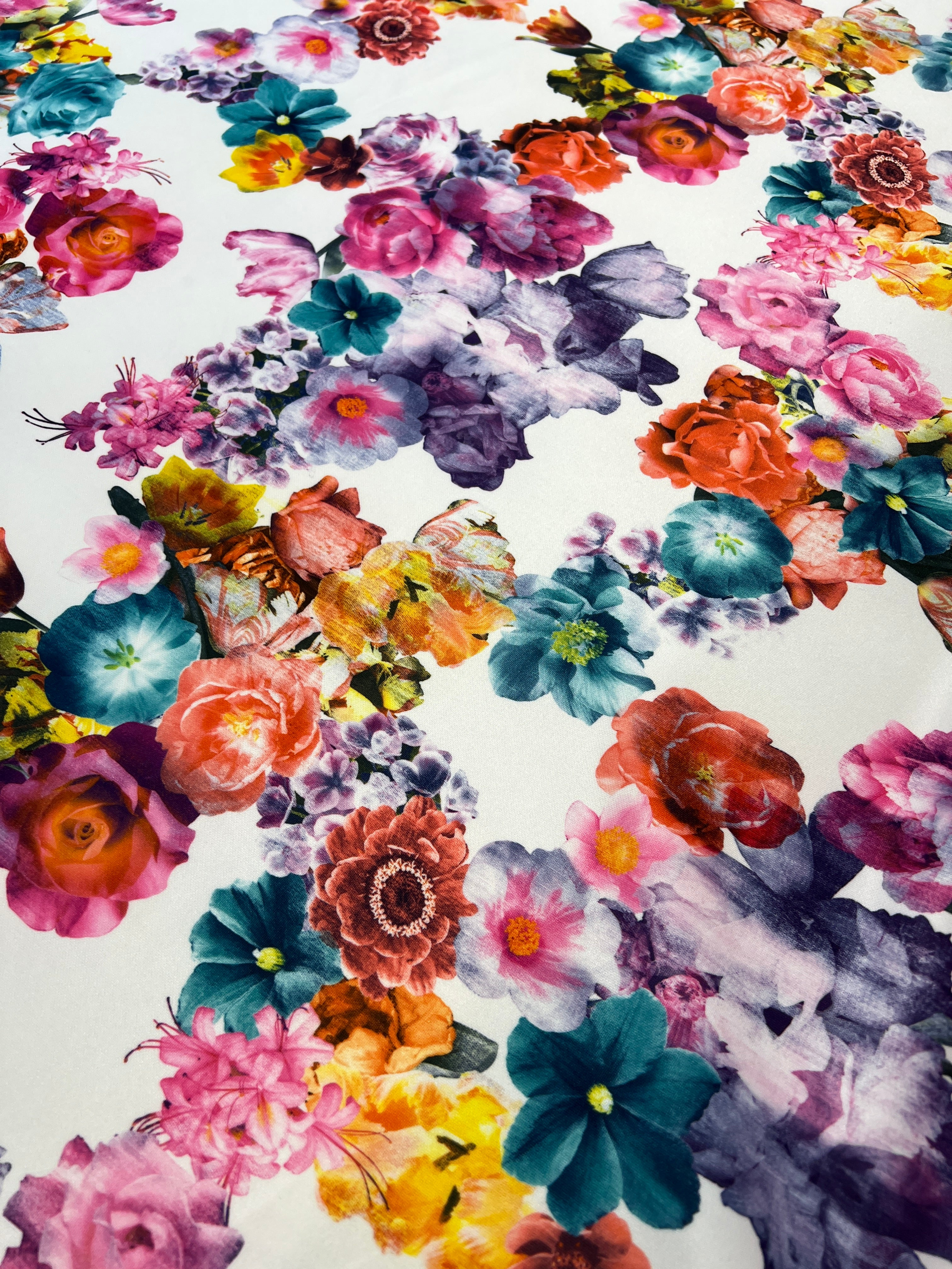 White base multi colour spring floral Scuba Fabric