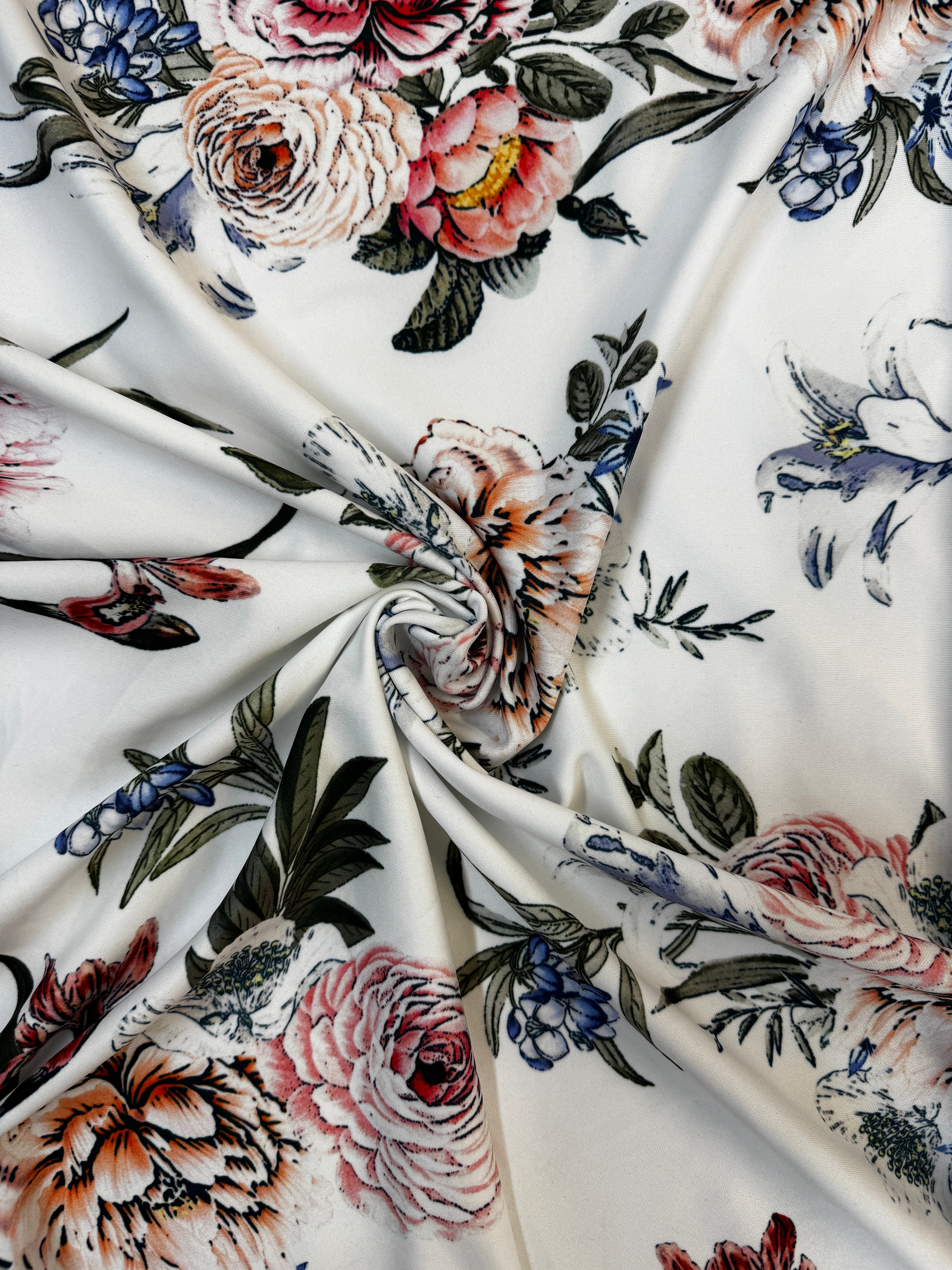 Ivory Multi Floral Scuba Fabric – Soft Botanical Print Stretch Scuba, 147cm Wide Dress Fabric
