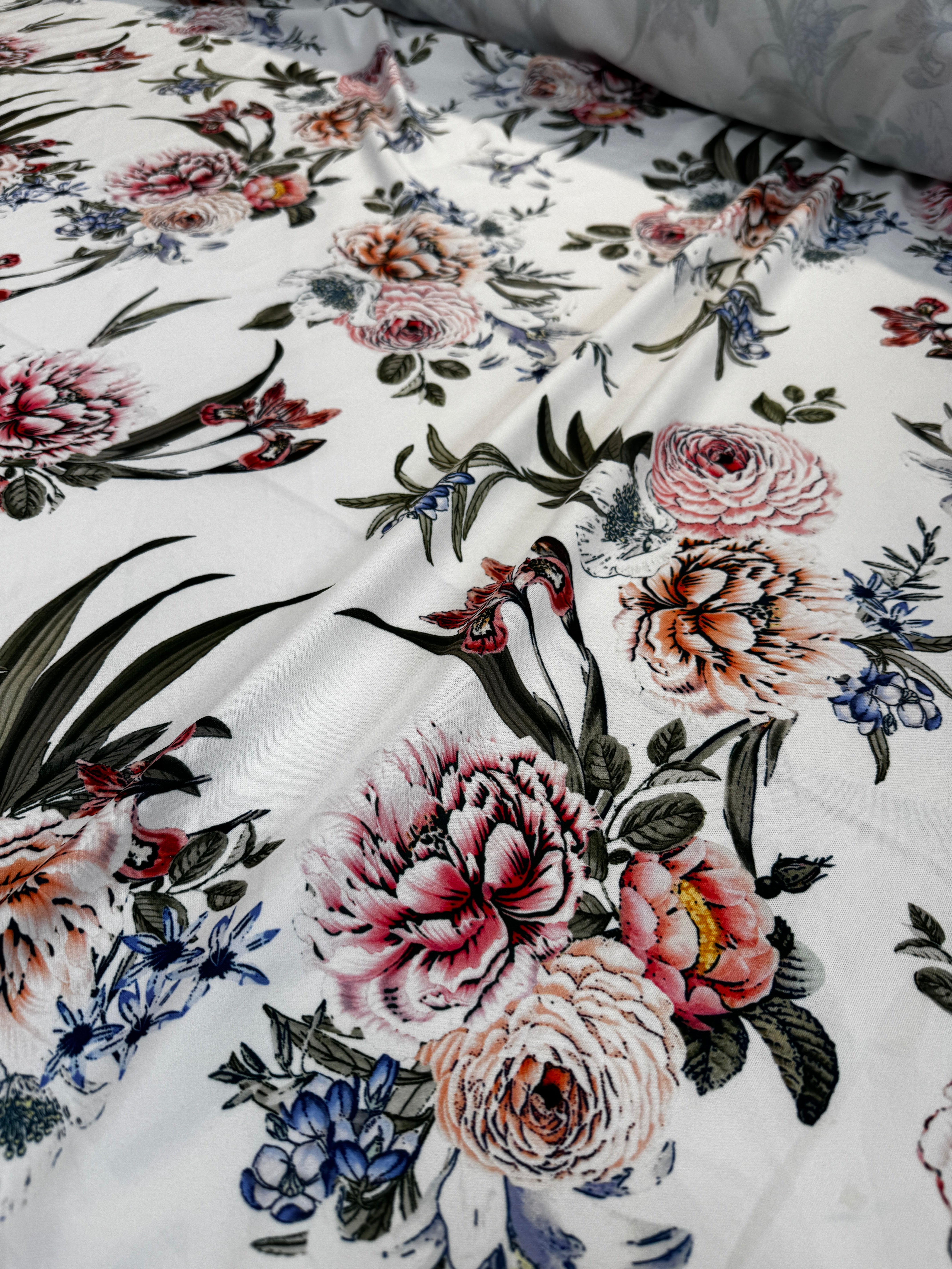 Ivory Multi Floral Scuba Fabric – Soft Botanical Print Stretch Scuba, 147cm Wide Dress Fabric