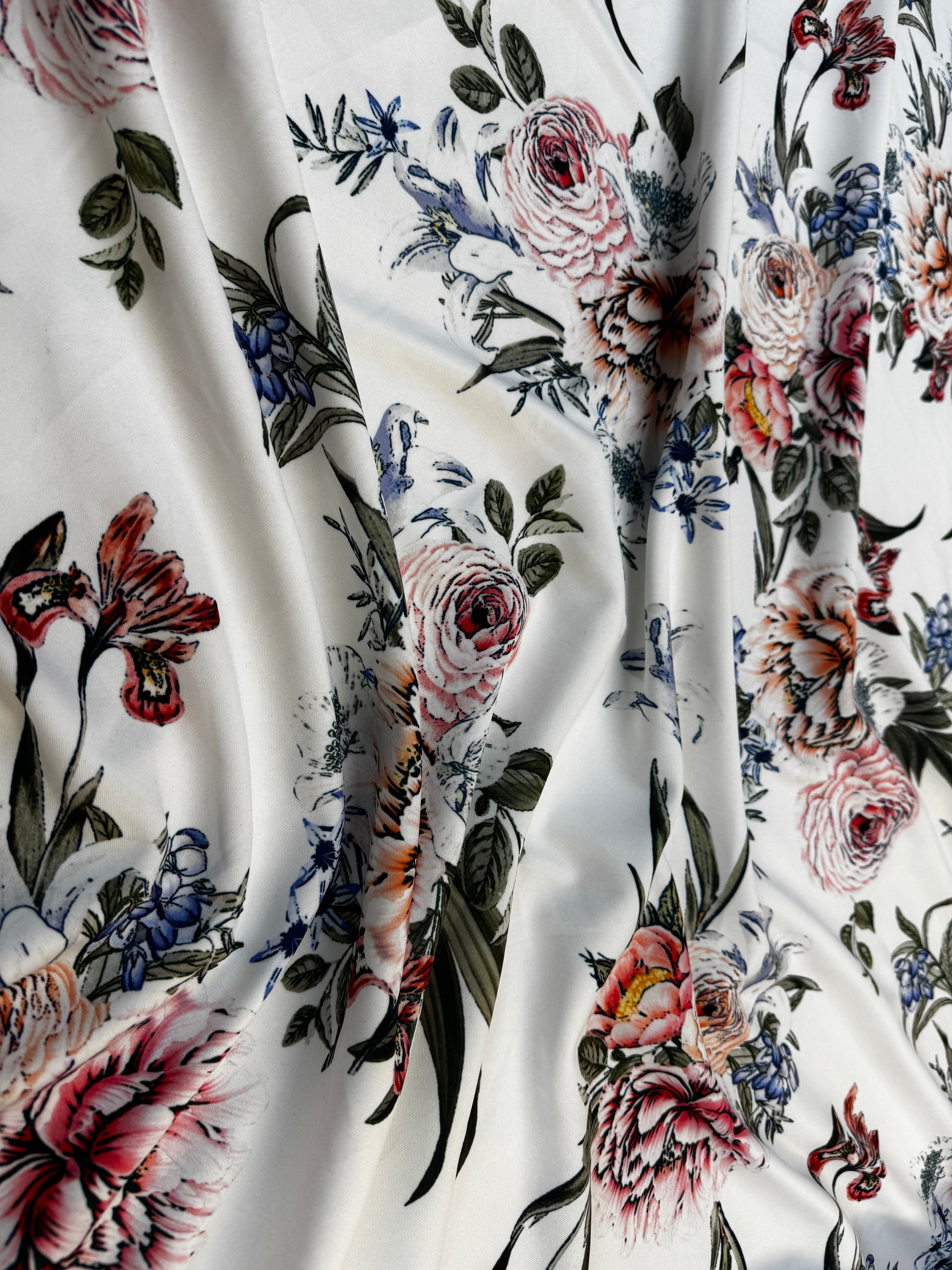 Ivory Multi Floral Scuba Fabric – Soft Botanical Print Stretch Scuba, 147cm Wide Dress Fabric