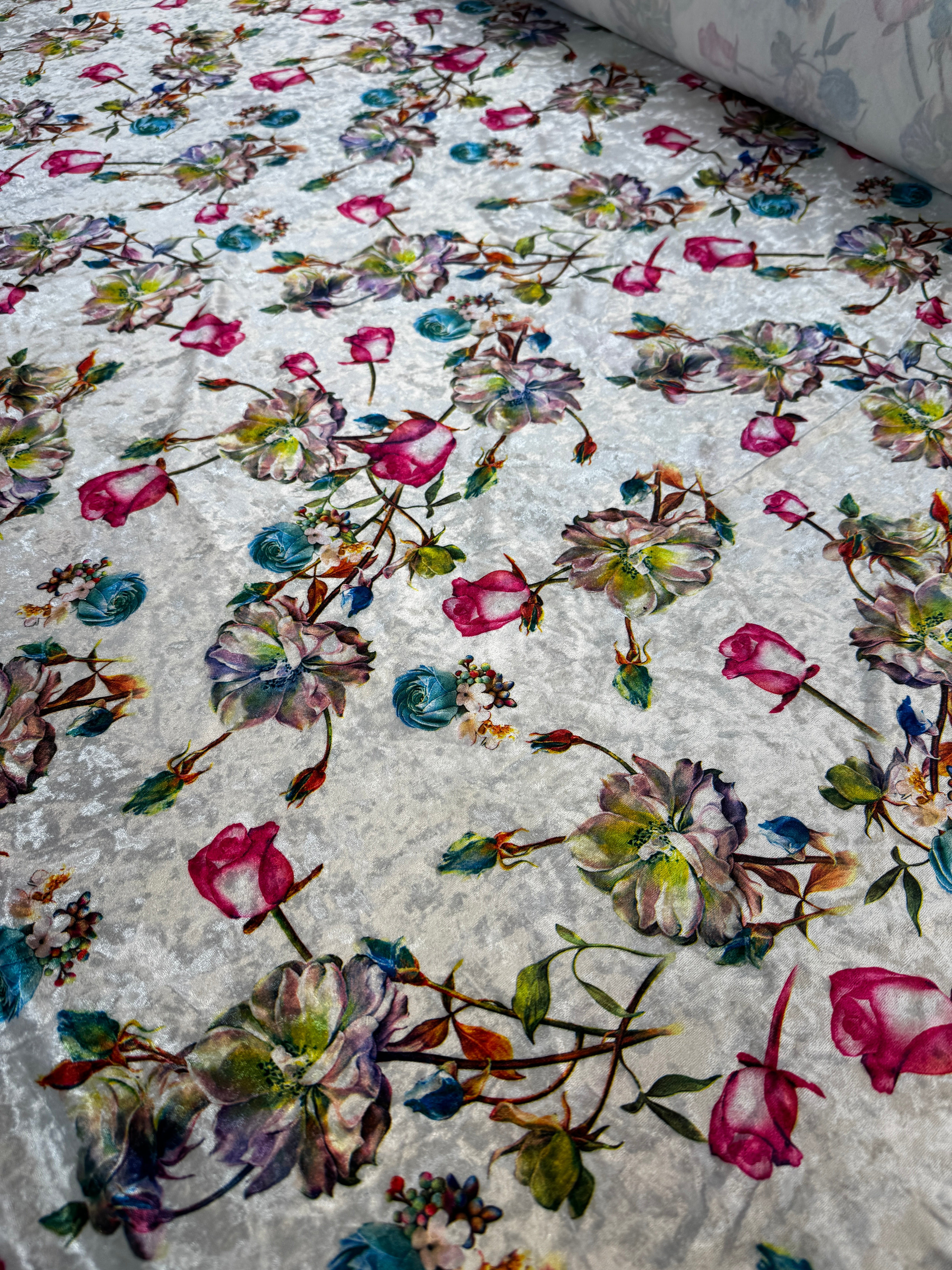 Ivory Multi Floral Crushed Velvet Fabric – Soft Stretch Velvet, 153cm Wide Luxury Dress Fabric