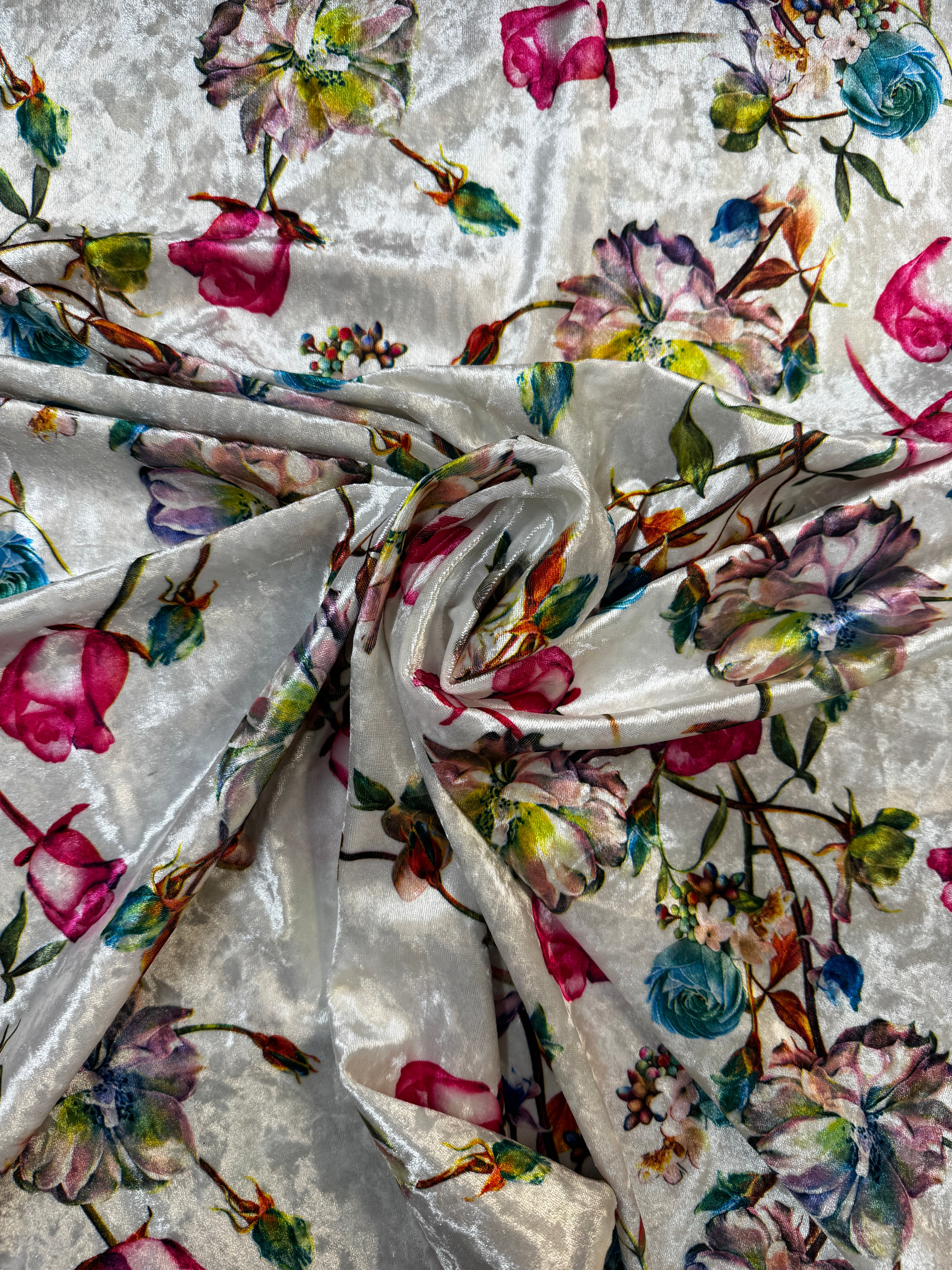 Ivory Multi Floral Crushed Velvet Fabric – Soft Stretch Velvet, 153cm Wide Luxury Dress Fabric