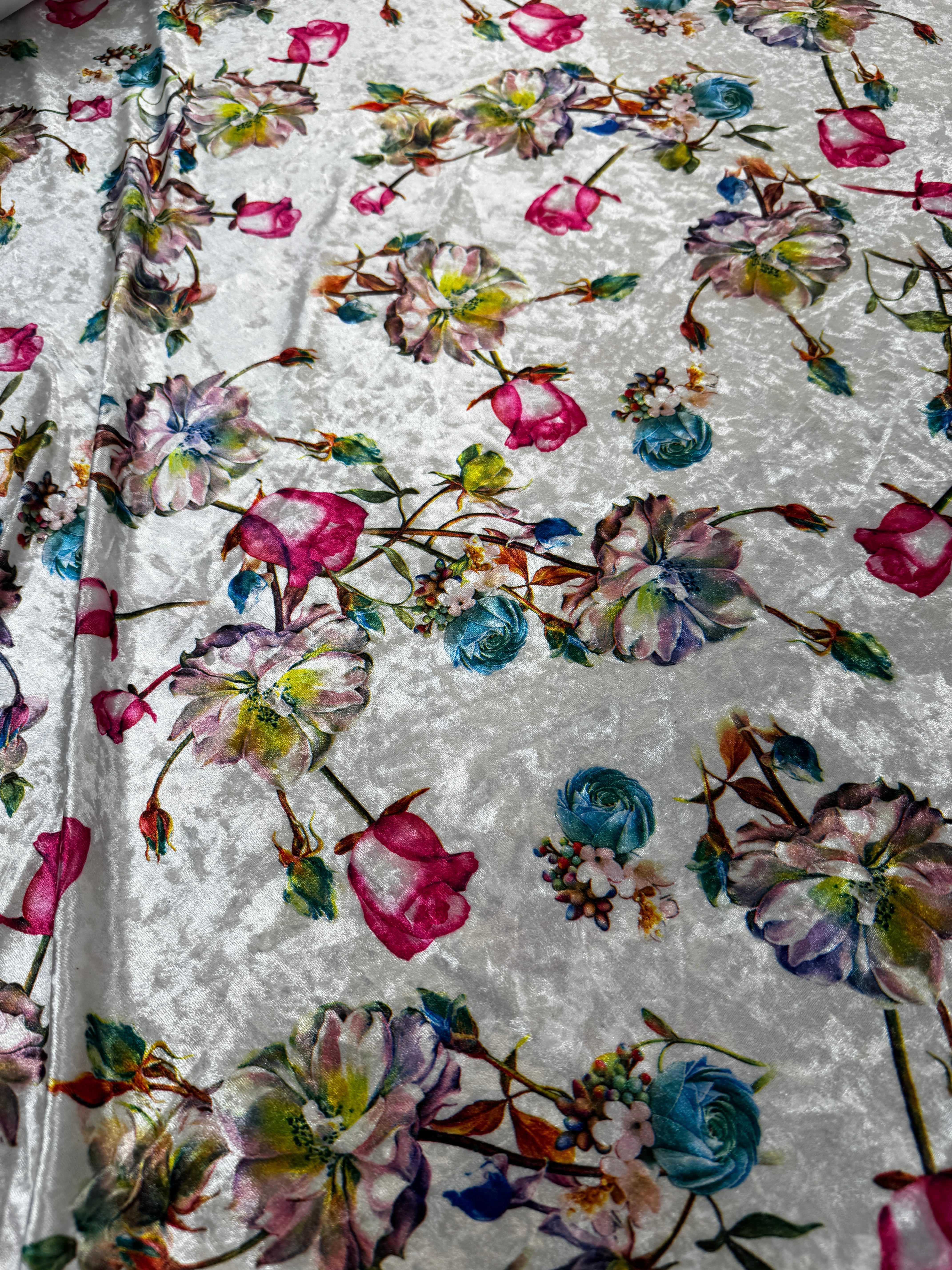 Ivory Multi Floral Crushed Velvet Fabric – Soft Stretch Velvet, 153cm Wide Luxury Dress Fabric