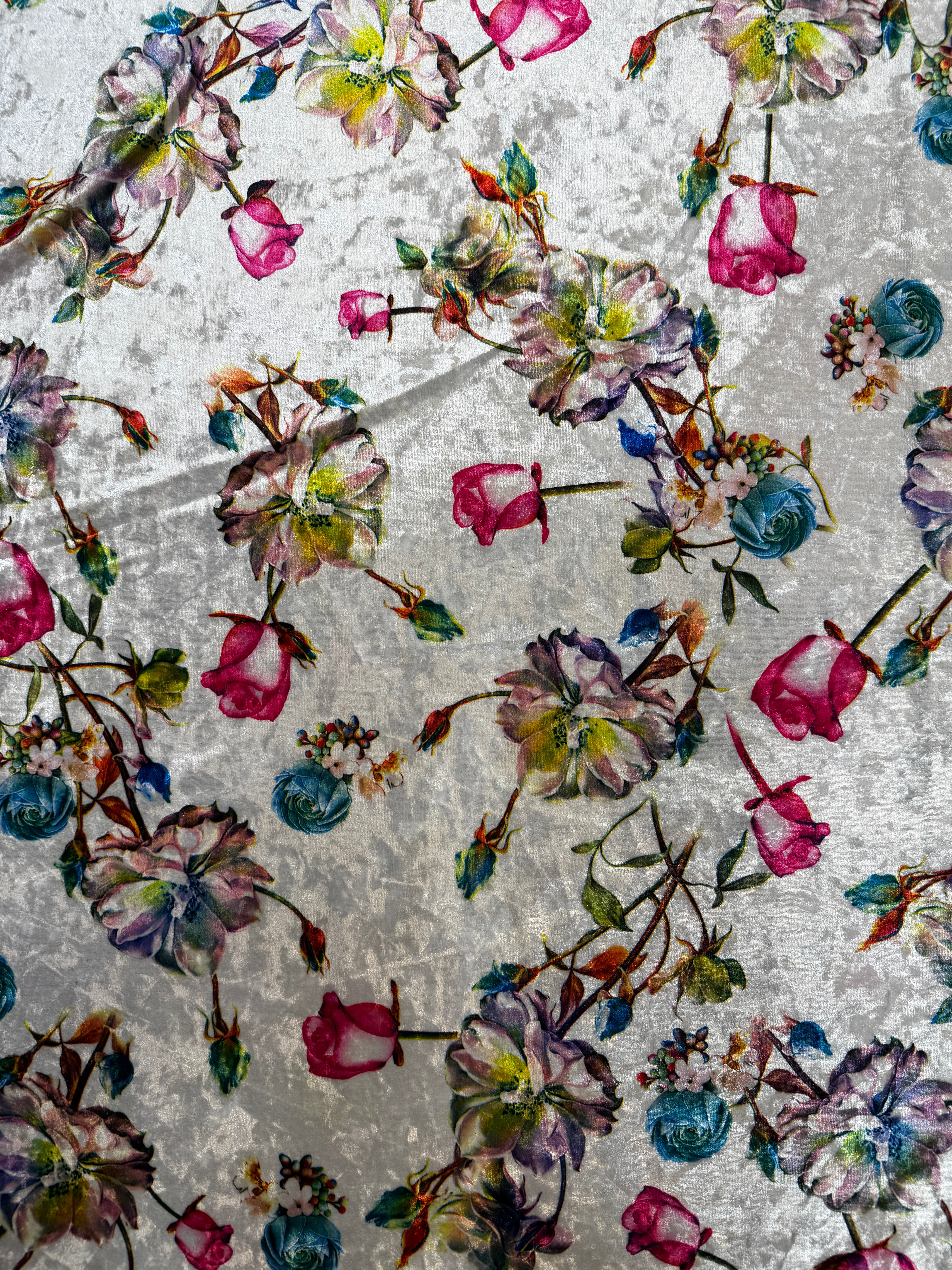 Ivory Multi Floral Crushed Velvet Fabric – Soft Stretch Velvet, 153cm Wide Luxury Dress Fabric