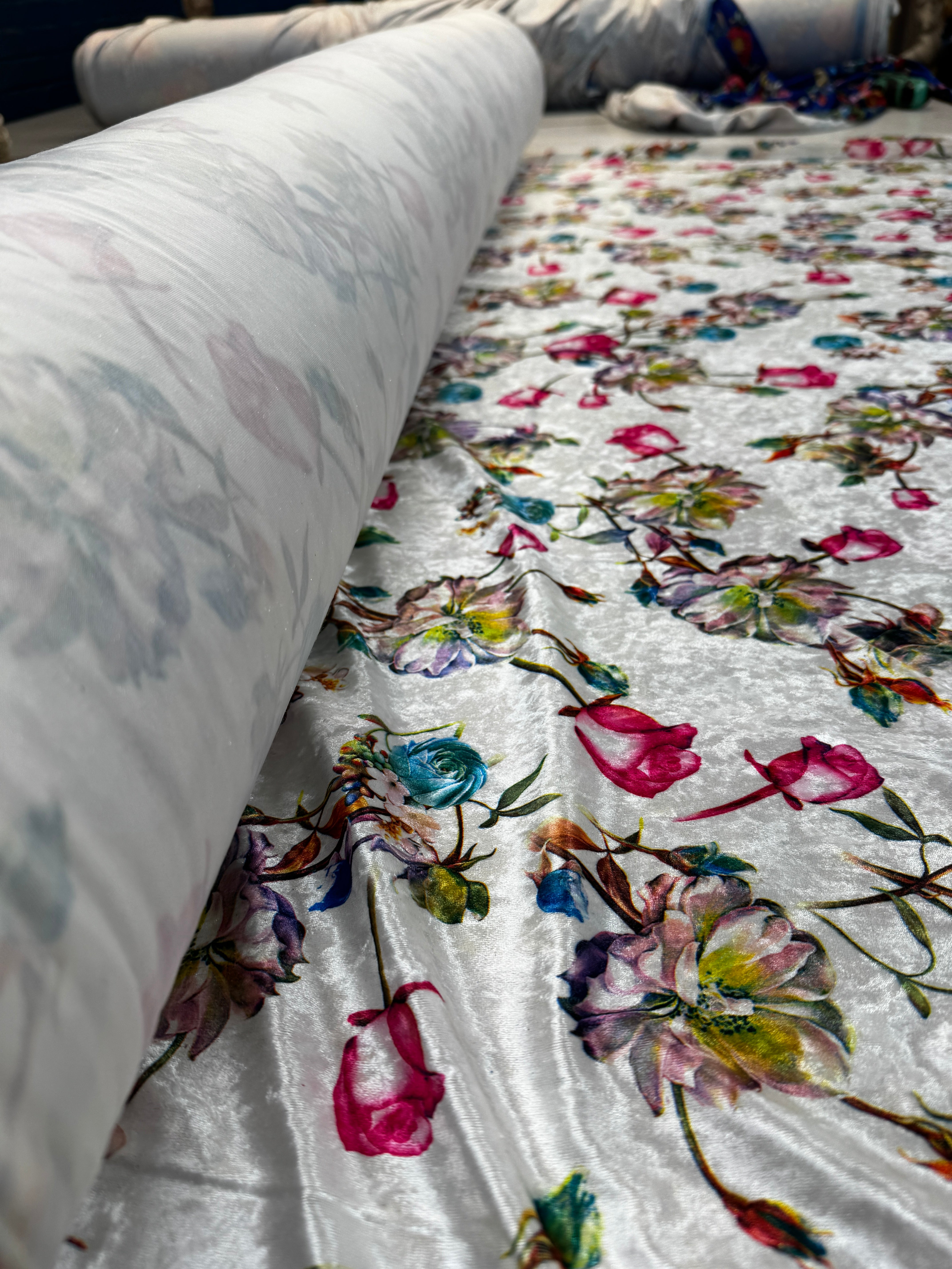 Ivory Multi Floral Crushed Velvet Fabric – Soft Stretch Velvet, 153cm Wide Luxury Dress Fabric