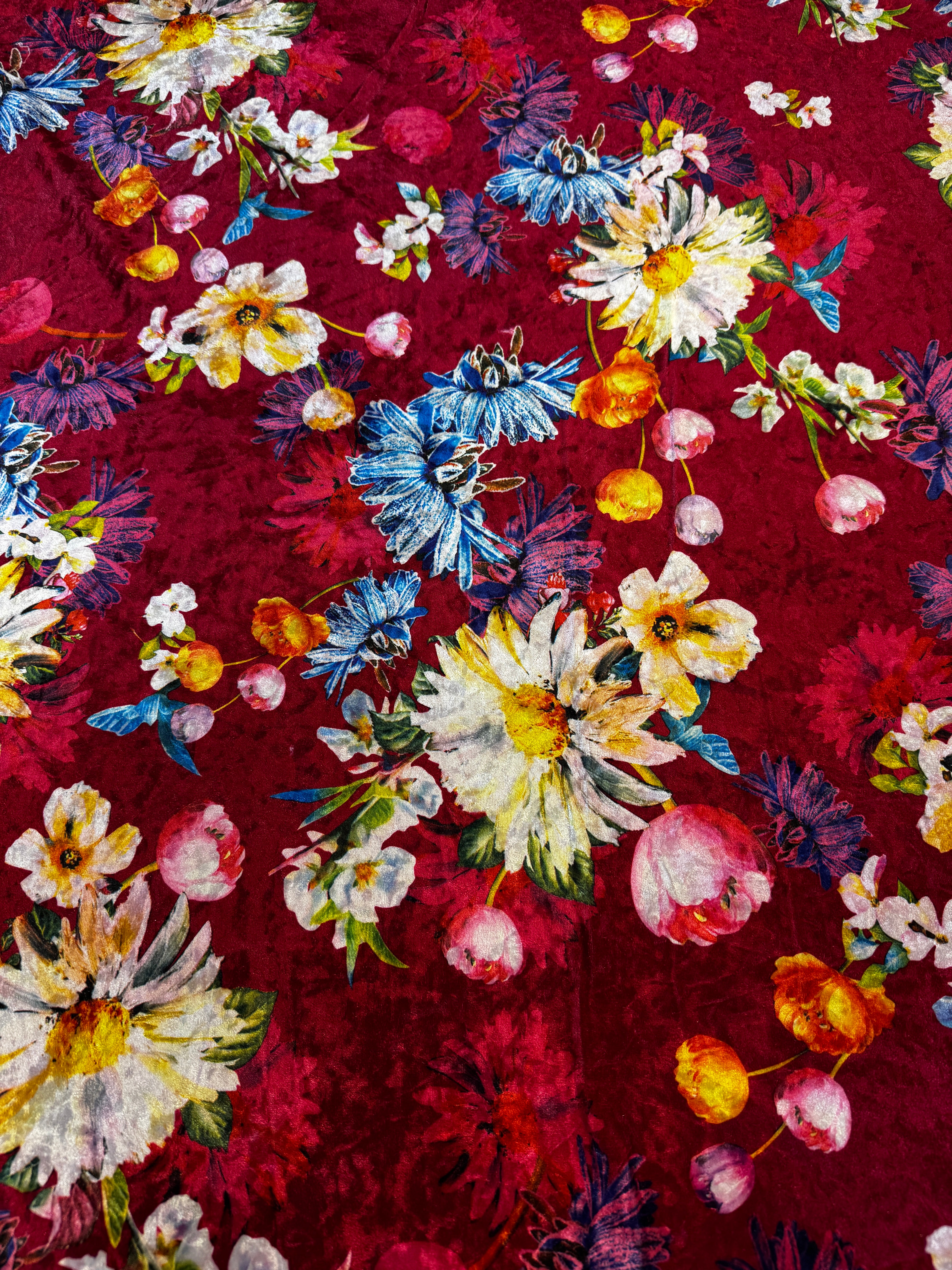 Red Floral Crushed Velvet Fabric – Bold Multicolour Daisy Print Velvet, 150cm Wide Dress Fabric