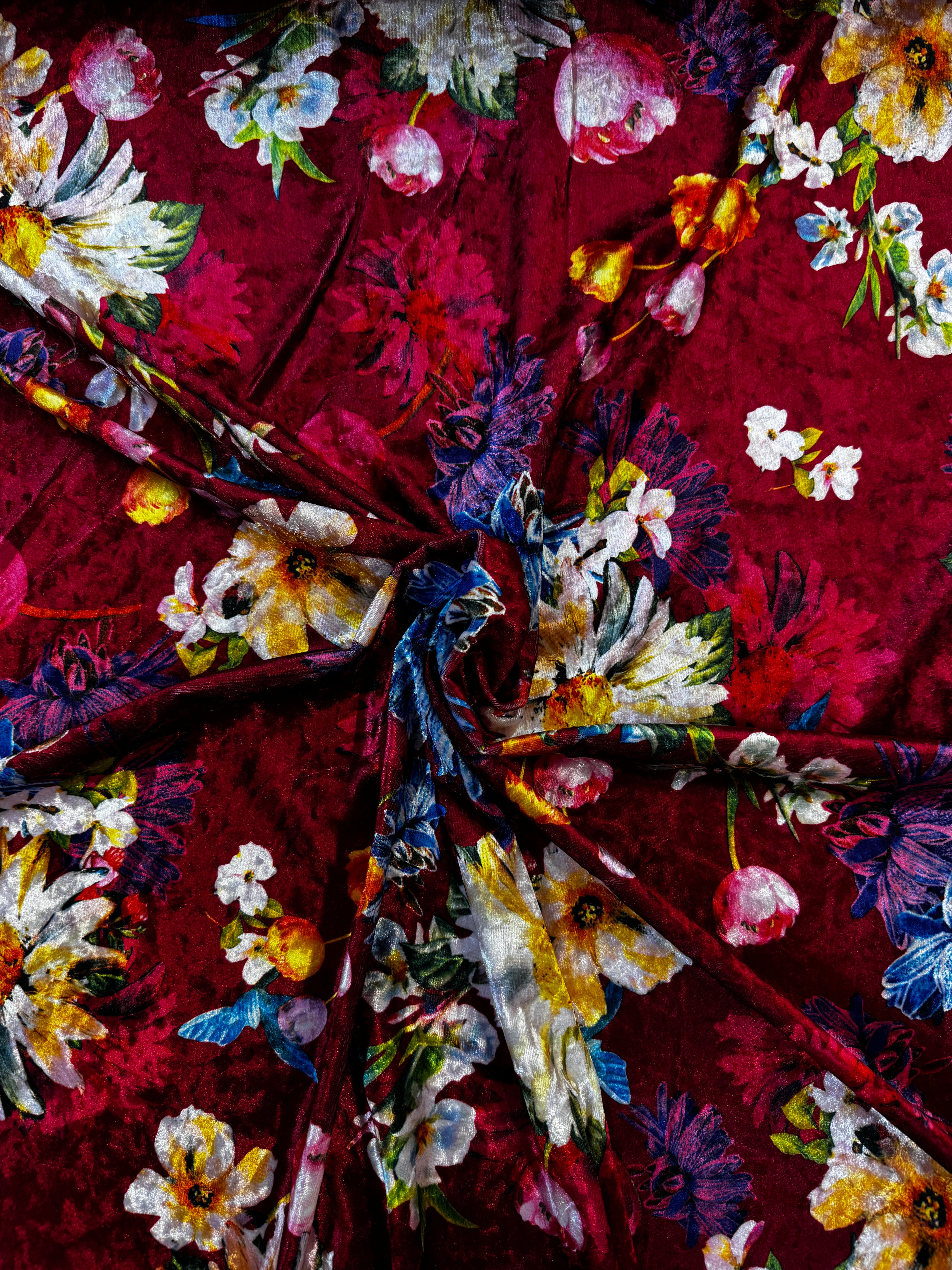 Red Floral Crushed Velvet Fabric – Bold Multicolour Daisy Print Velvet, 150cm Wide Dress Fabric