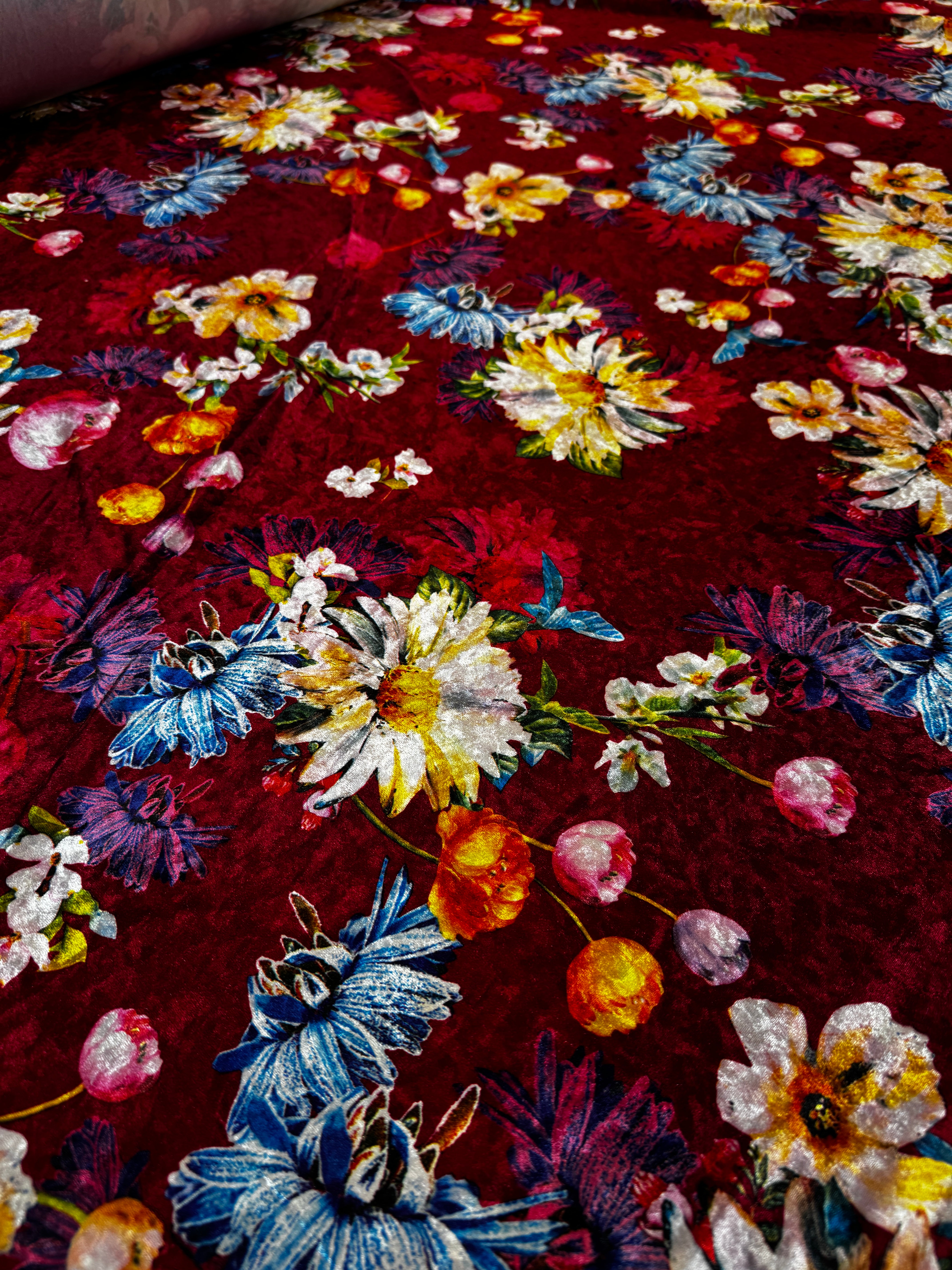 Red Floral Crushed Velvet Fabric – Bold Multicolour Daisy Print Velvet, 150cm Wide Dress Fabric