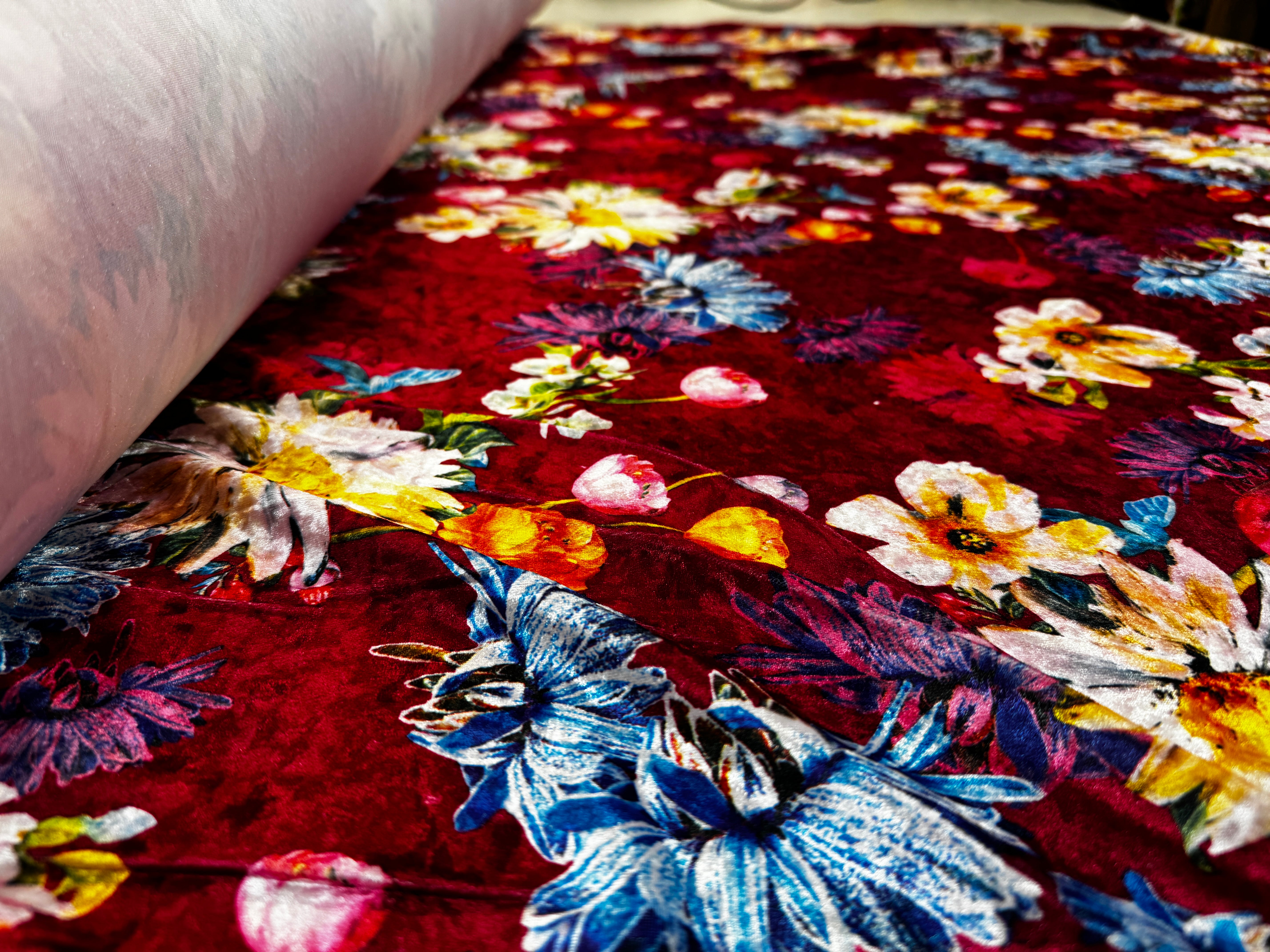 Red Floral Crushed Velvet Fabric – Bold Multicolour Daisy Print Velvet, 150cm Wide Dress Fabric
