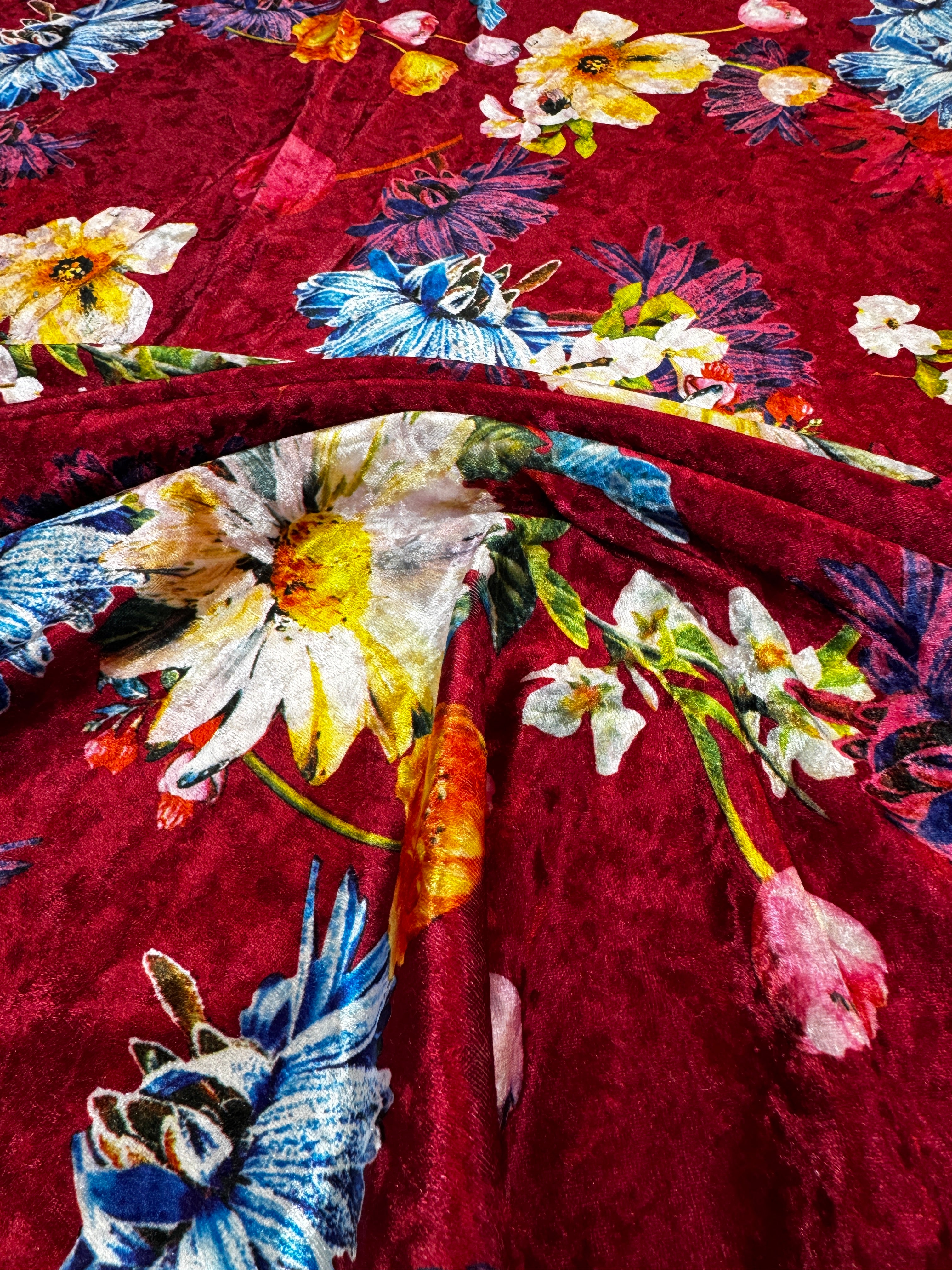 Red Floral Crushed Velvet Fabric – Bold Multicolour Daisy Print Velvet, 150cm Wide Dress Fabric