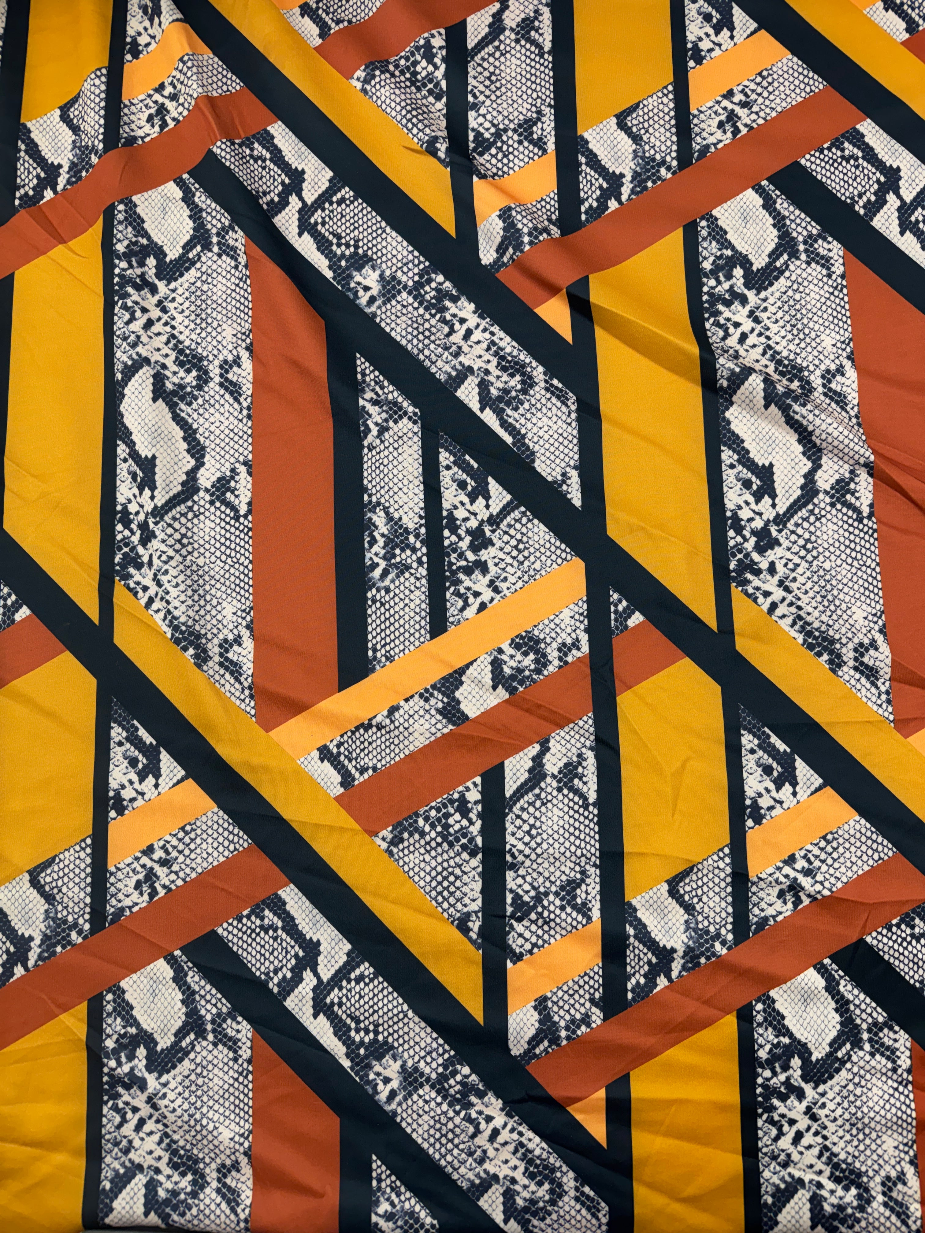 Geometric Snake Print Scuba Fabric – Mustard Rust Abstract Stretch Fabric, 151cm Wide