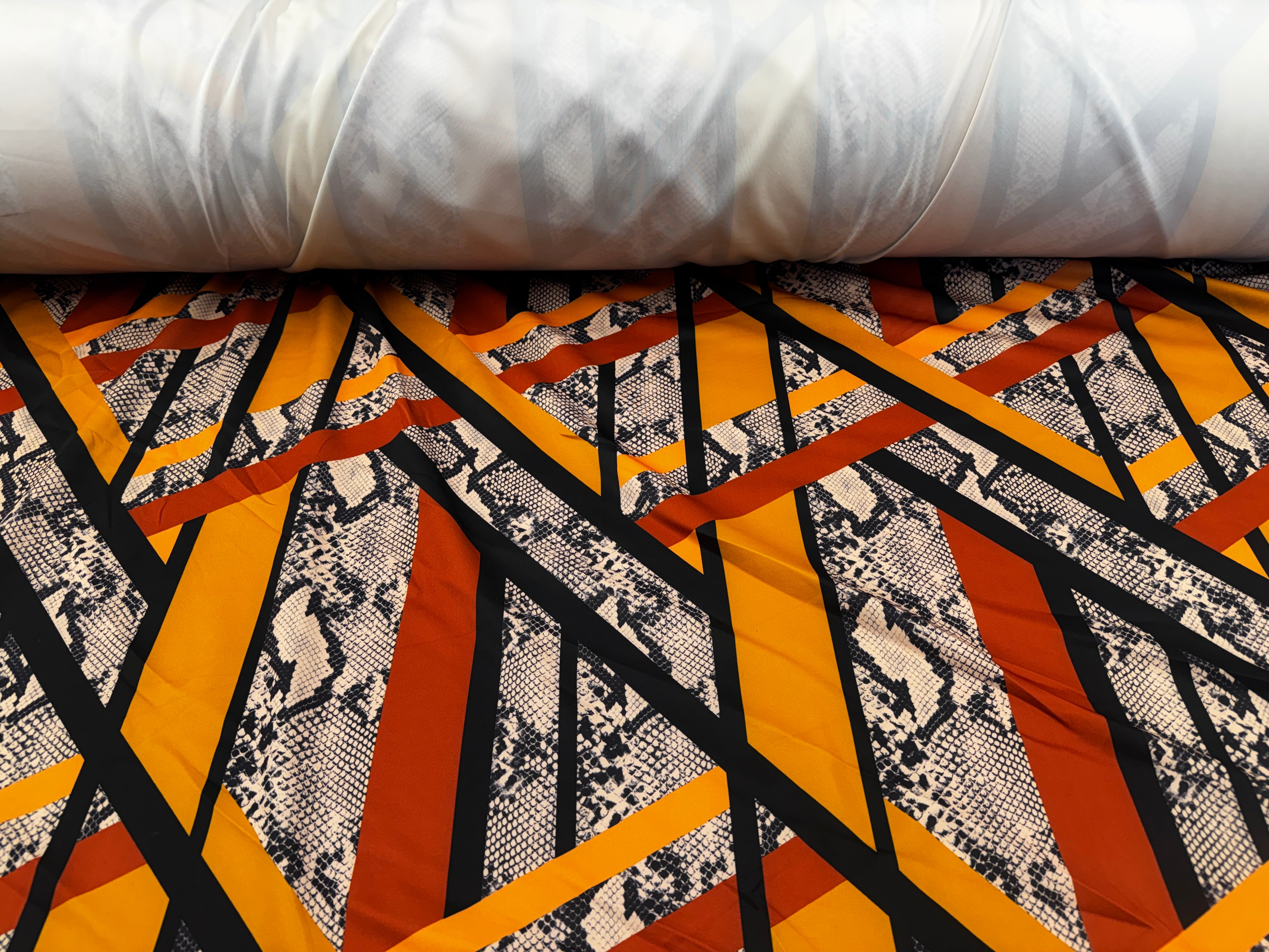 Geometric Snake Print Scuba Fabric – Mustard Rust Abstract Stretch Fabric, 151cm Wide
