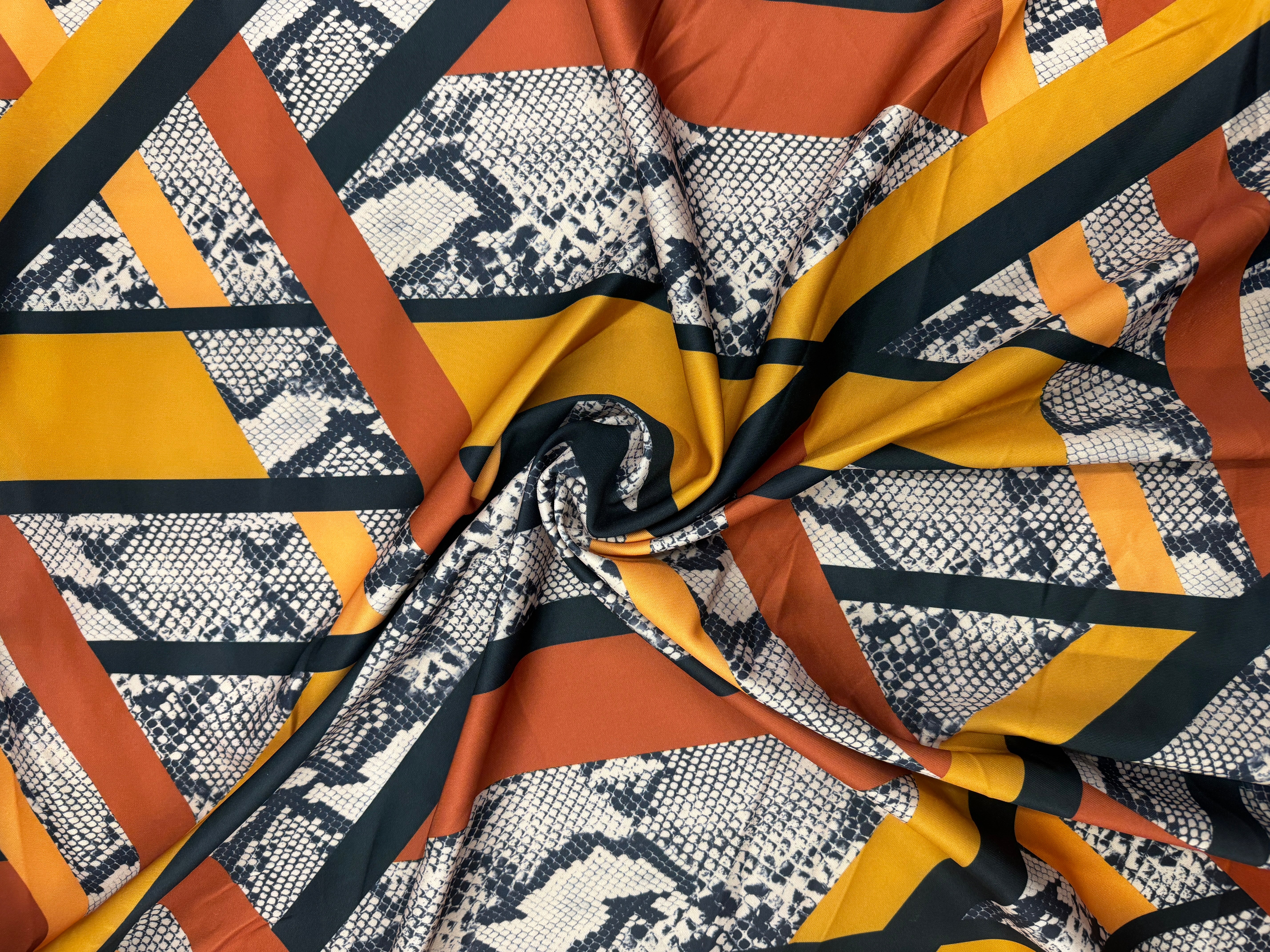 Geometric Snake Print Scuba Fabric – Mustard Rust Abstract Stretch Fabric, 151cm Wide
