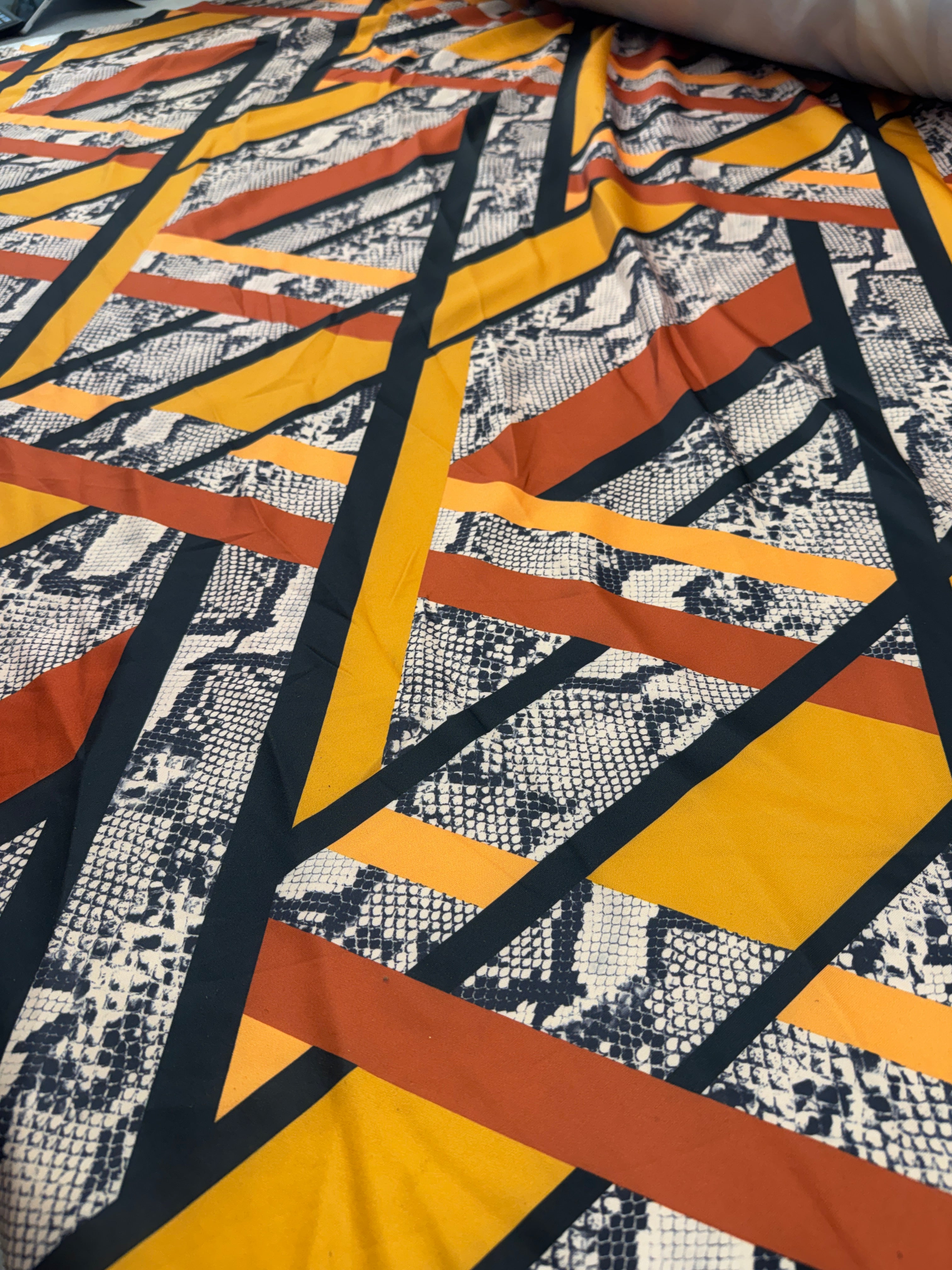 Geometric Snake Print Scuba Fabric – Mustard Rust Abstract Stretch Fabric, 151cm Wide