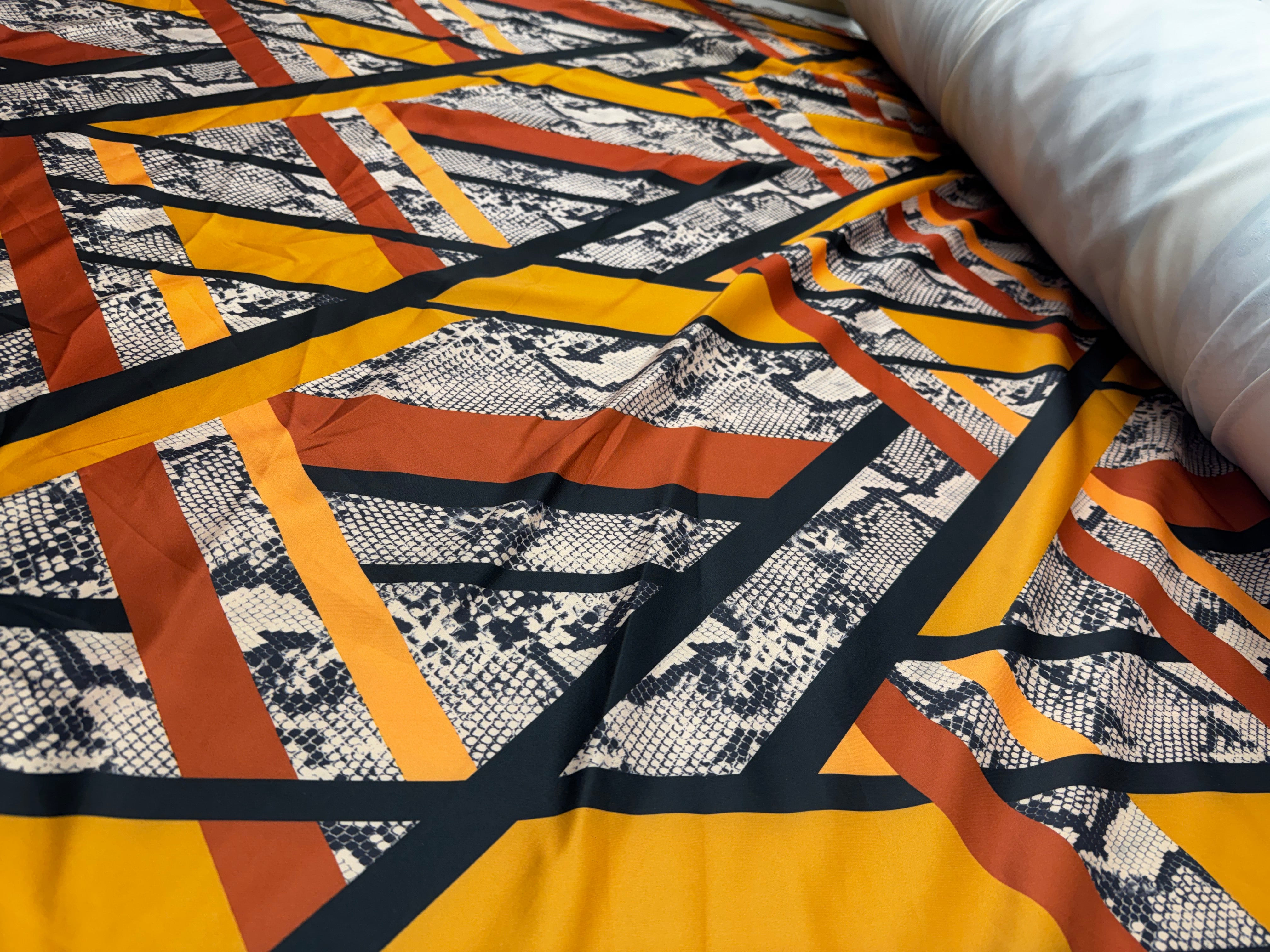 Geometric Snake Print Scuba Fabric – Mustard Rust Abstract Stretch Fabric, 151cm Wide