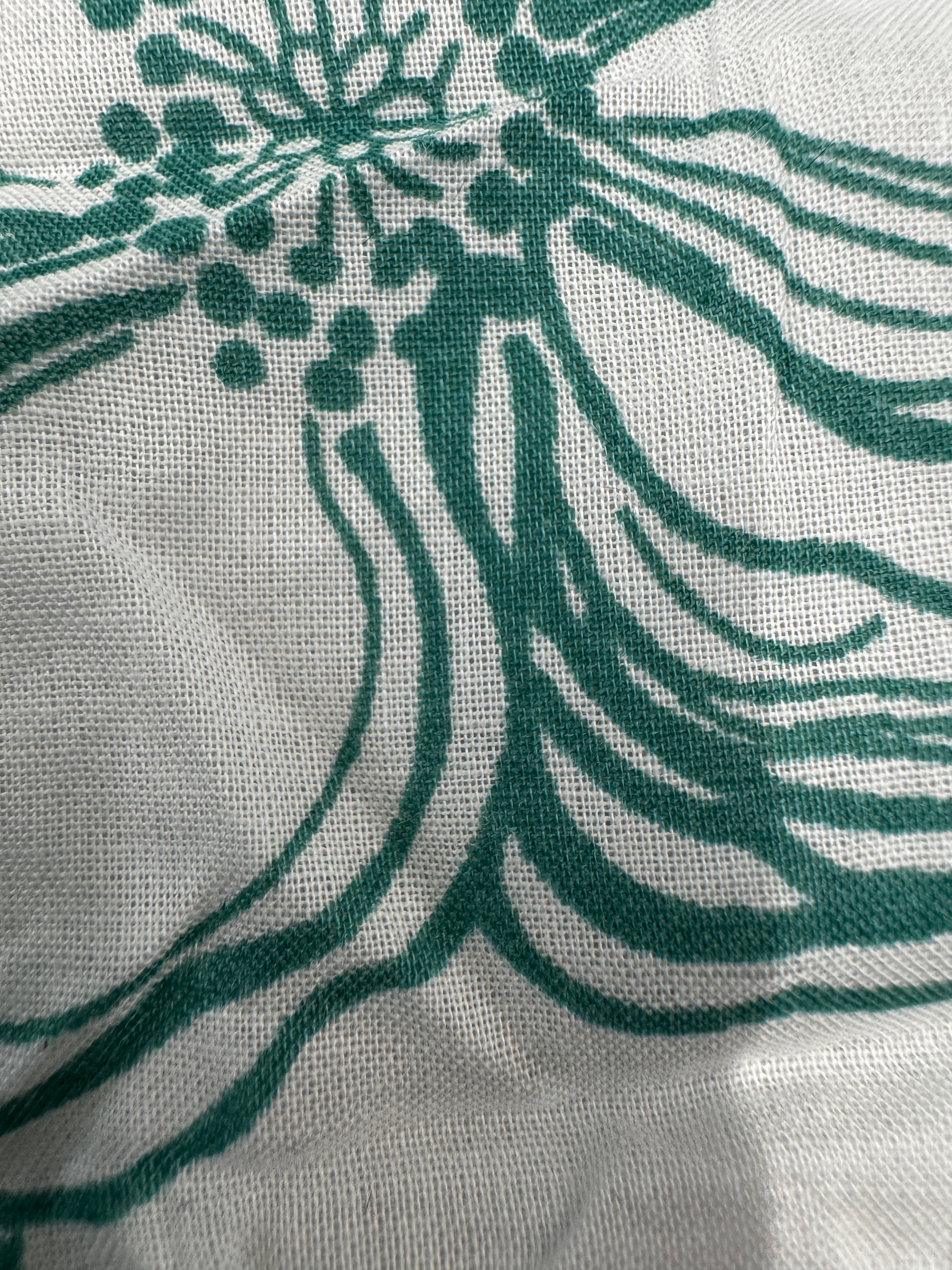 Green Floral Linen Look Fabric – White Botanical Print Non-Stretch Fabric, 138cm Wide