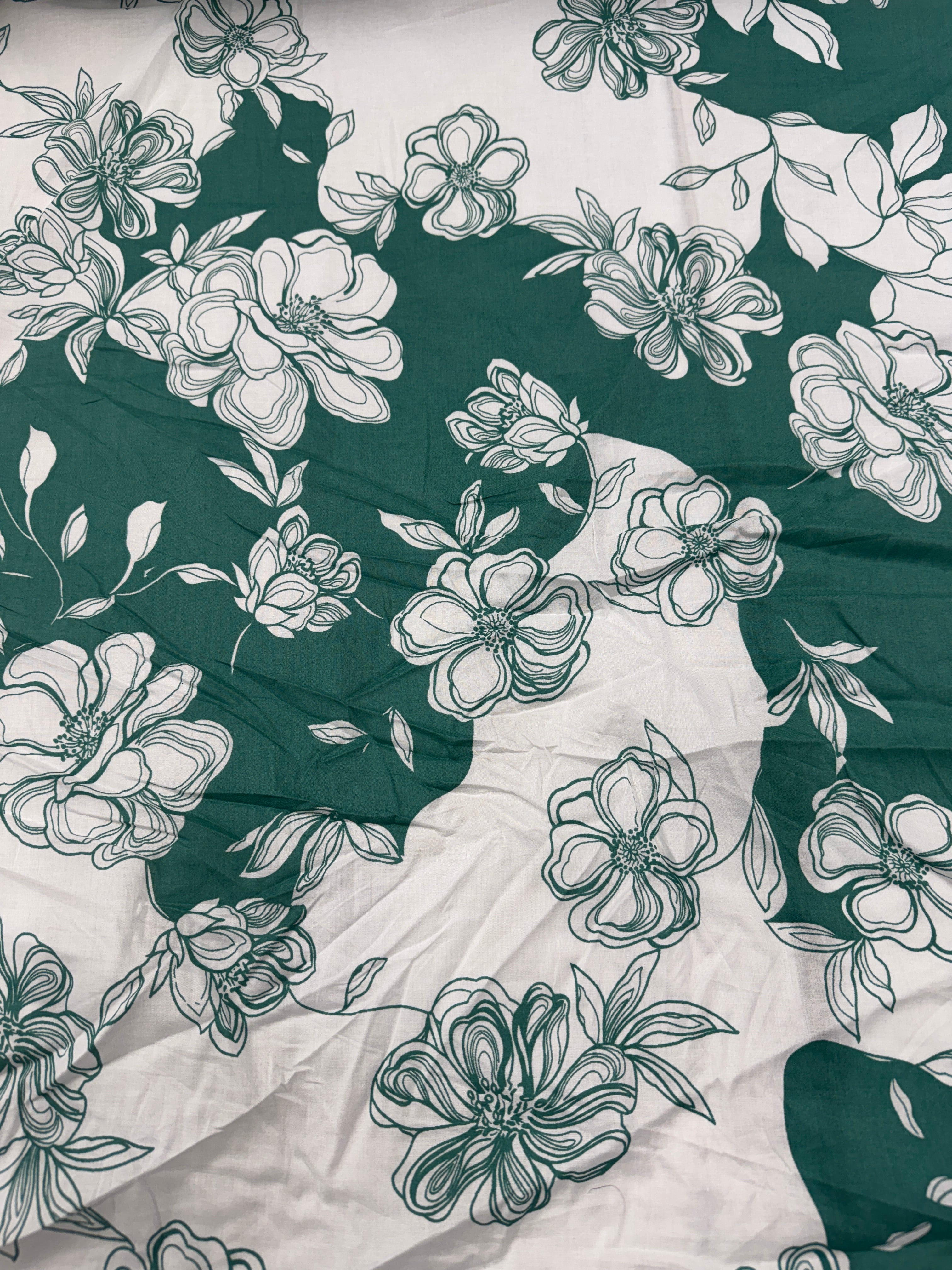 Green Floral Linen Look Fabric – White Botanical Print Non-Stretch Fabric, 138cm Wide