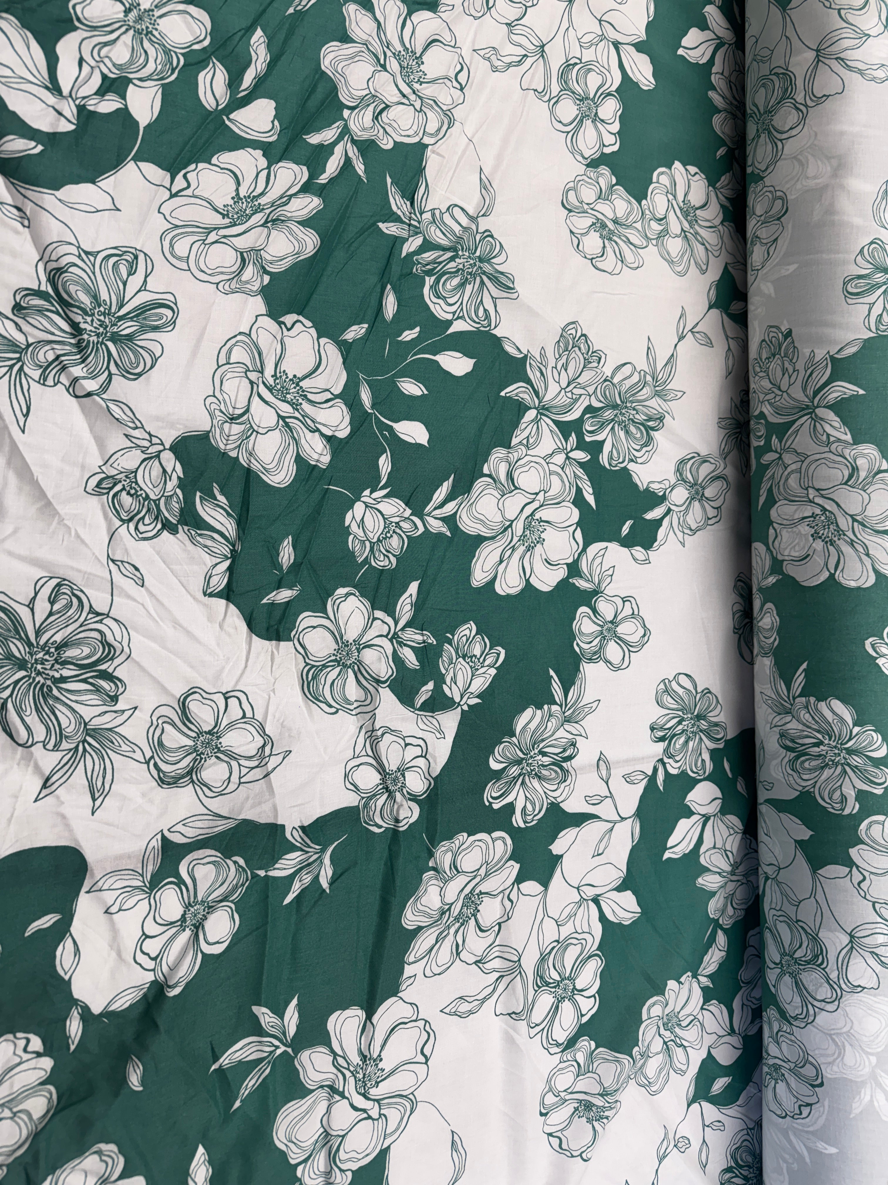 Green Floral Linen Look Fabric – White Botanical Print Non-Stretch Fabric, 138cm Wide