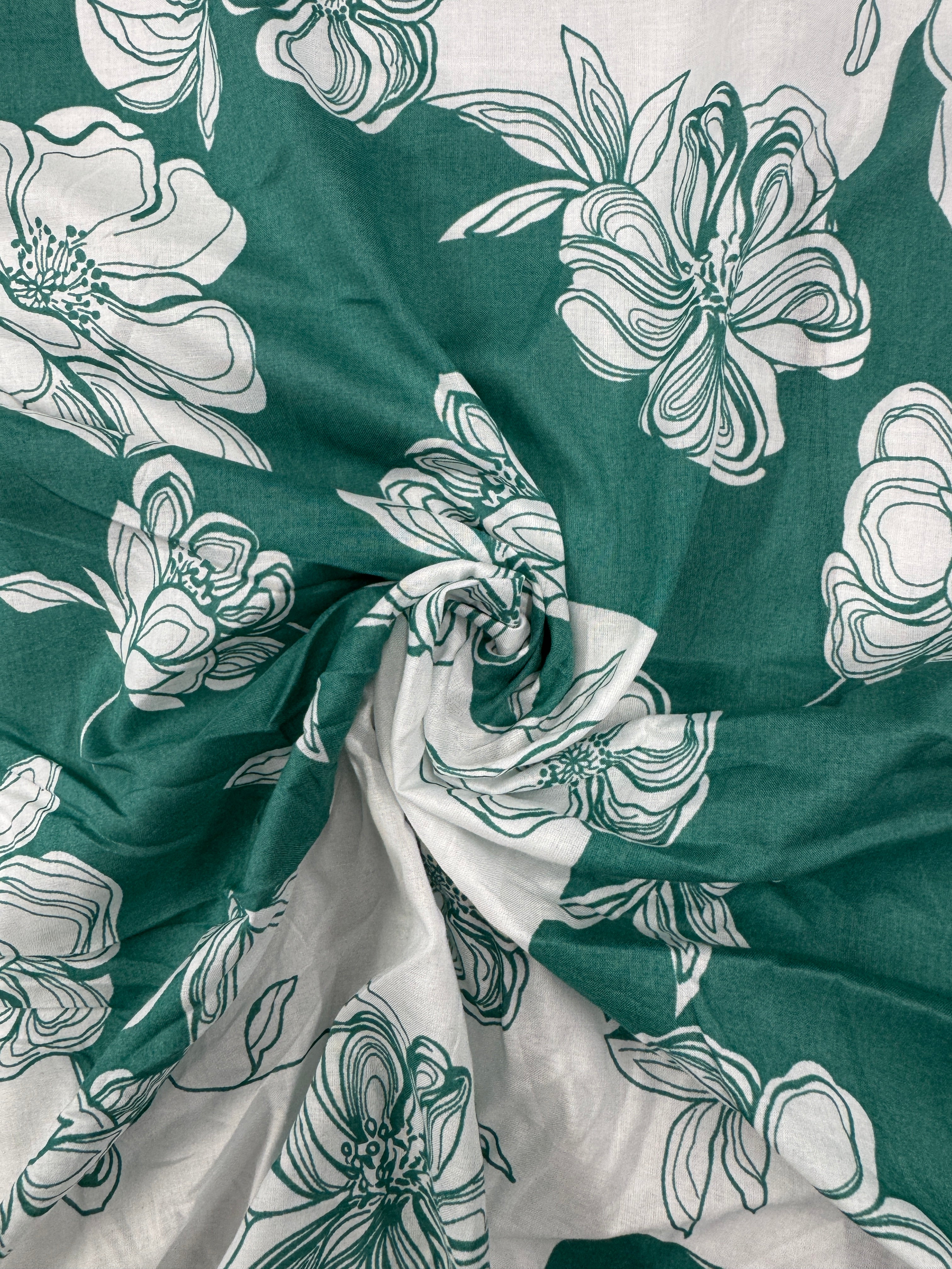 Green Floral Linen Look Fabric – White Botanical Print Non-Stretch Fabric, 138cm Wide