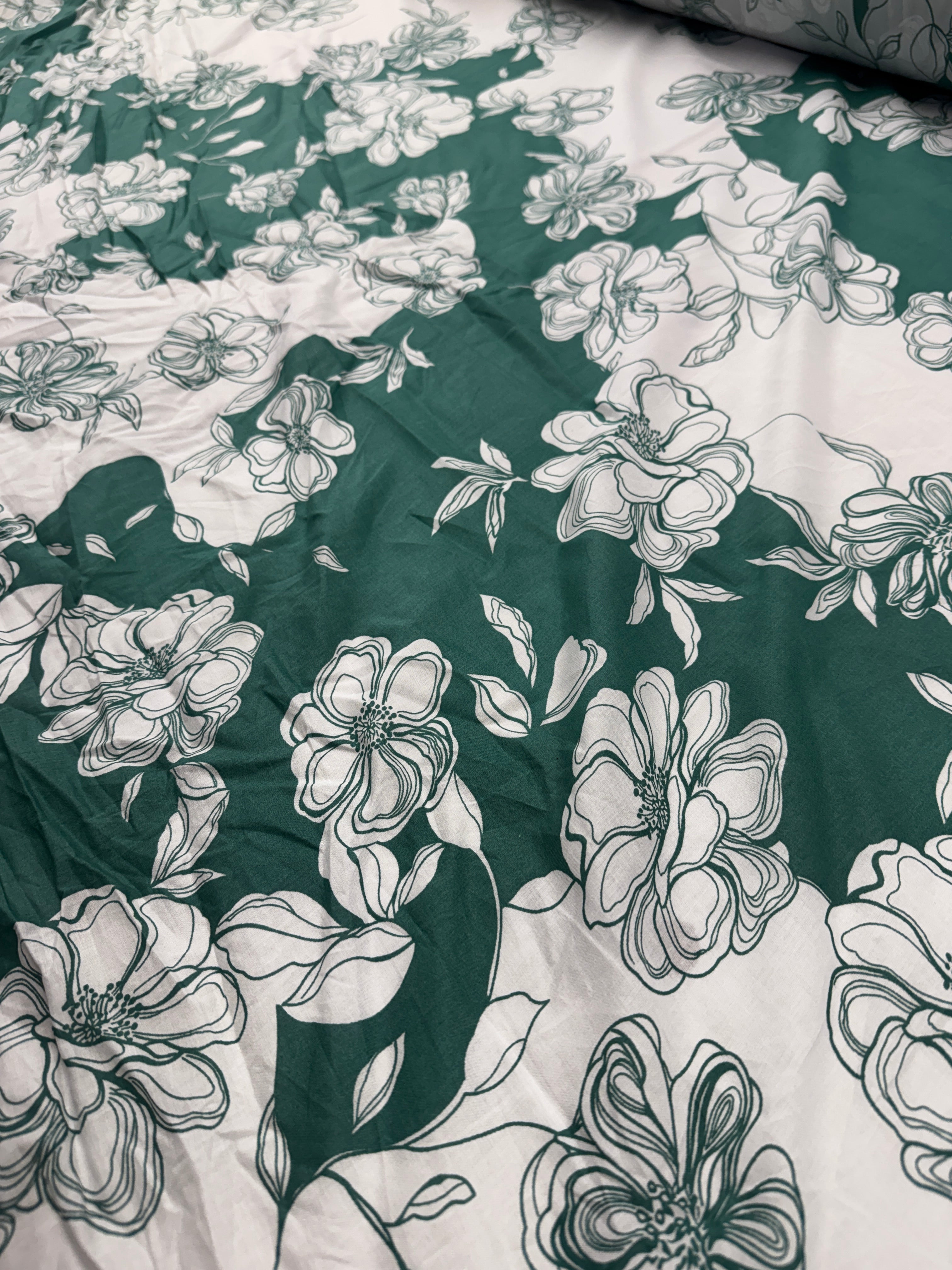 Green Floral Linen Look Fabric – White Botanical Print Non-Stretch Fabric, 138cm Wide