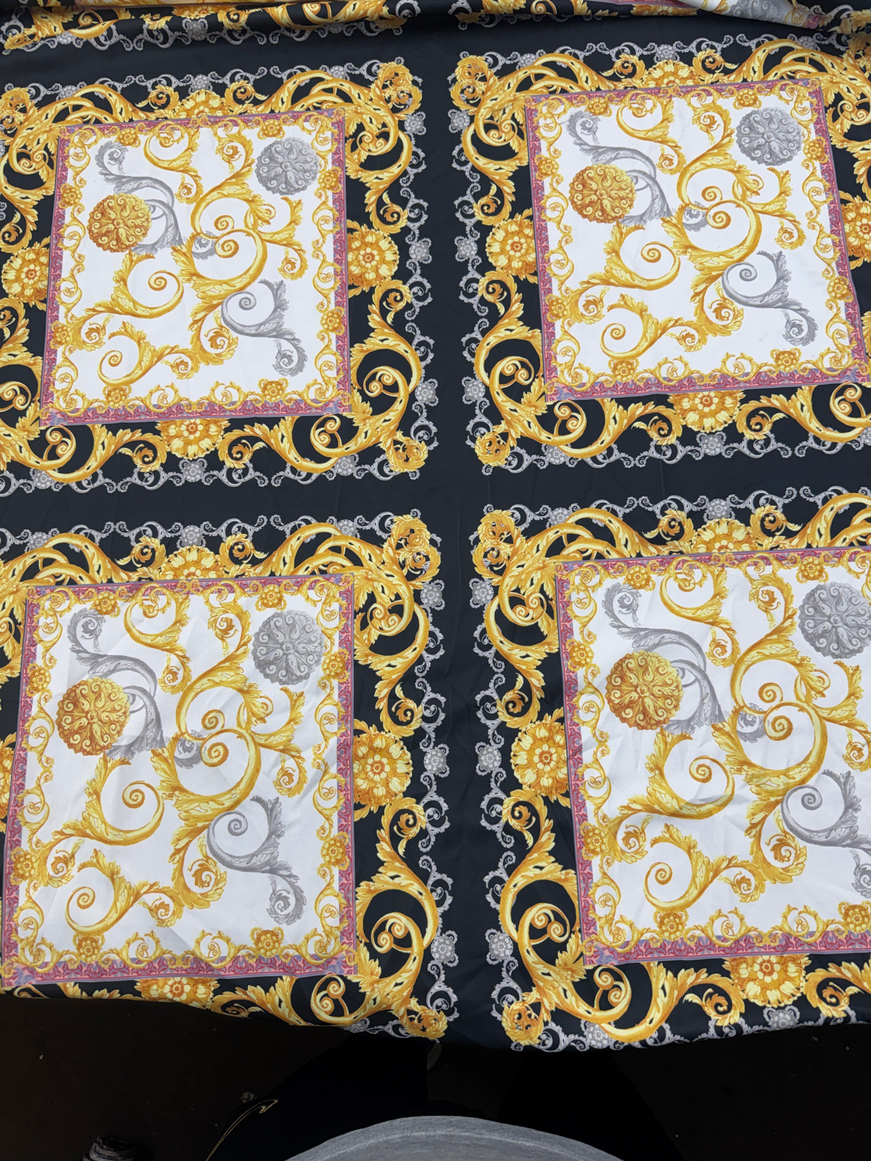Baroque Chain Print Scuba Fabric – Black White Gold Ornate Pattern Stretch Fabric, 145cm Wide