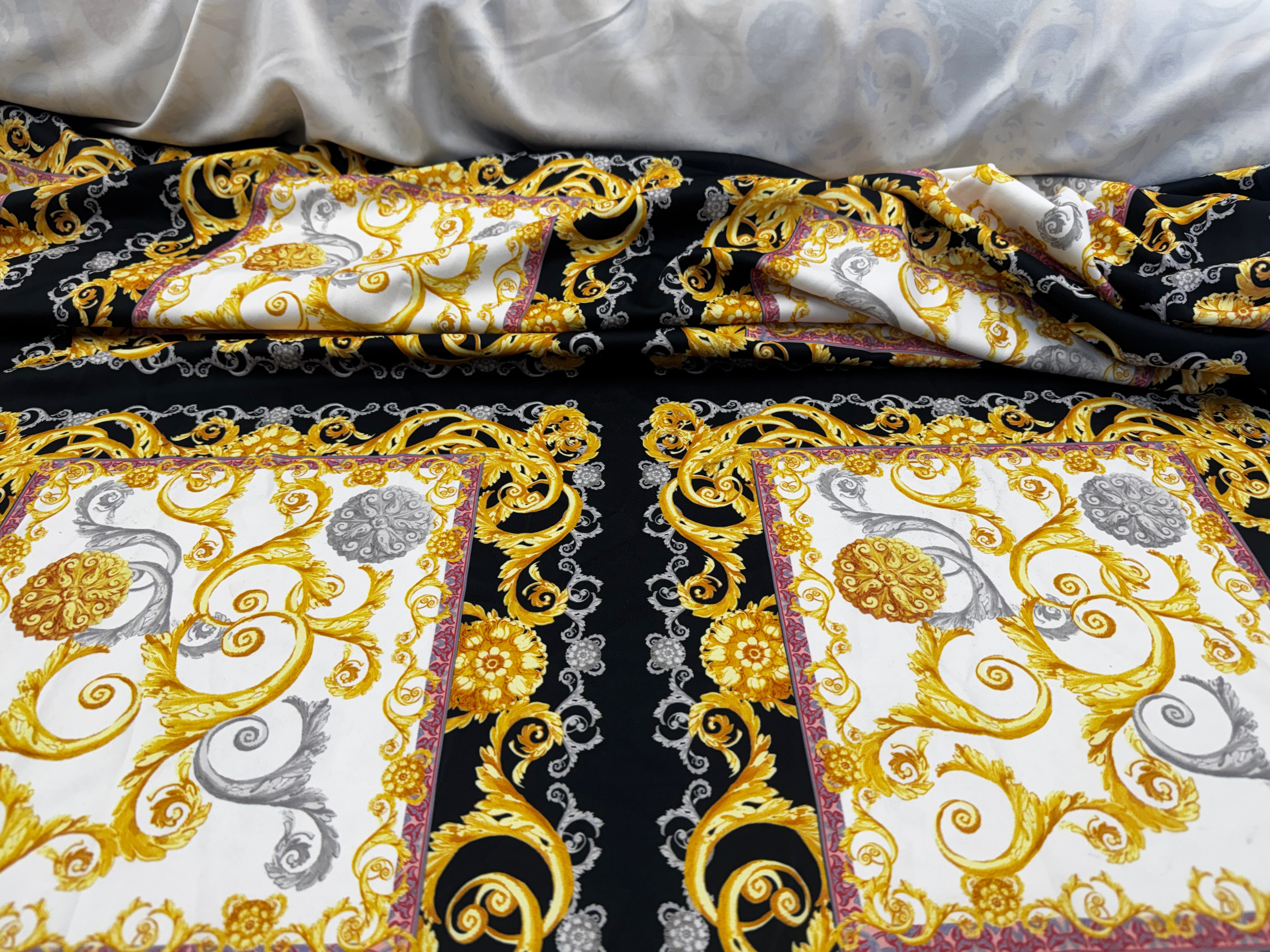 Baroque Chain Print Scuba Fabric – Black White Gold Ornate Pattern Stretch Fabric, 145cm Wide